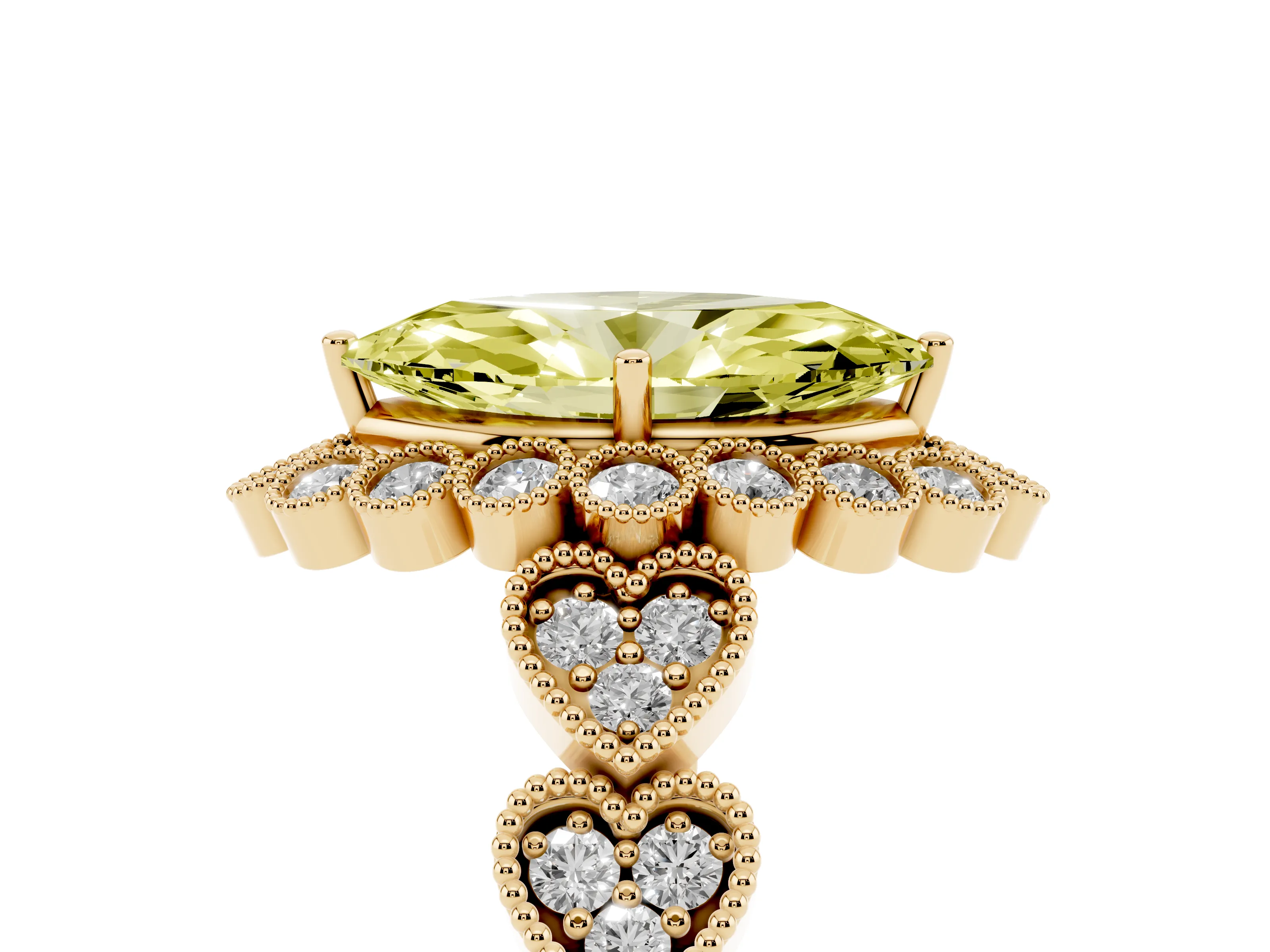 Fancy Yellow Marquise Cut Diamond Solitaire Ring Set in Yellow gold with Milgrain Pavé Heart Band