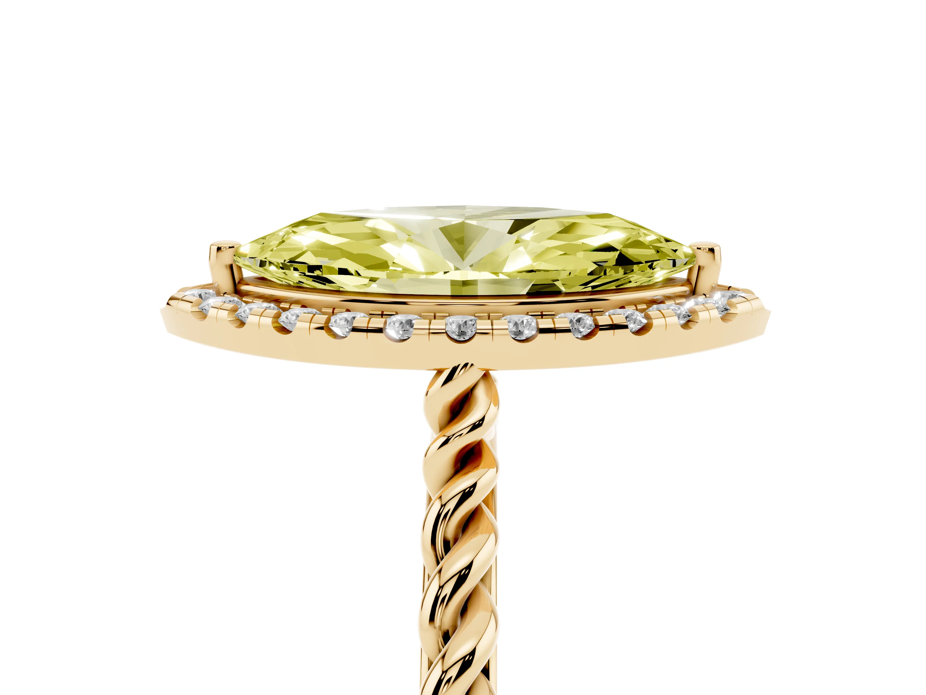 Fancy Yellow Marquise Cut Diamond Halo Ring Set in Yellow gold with Plain Twisted Band