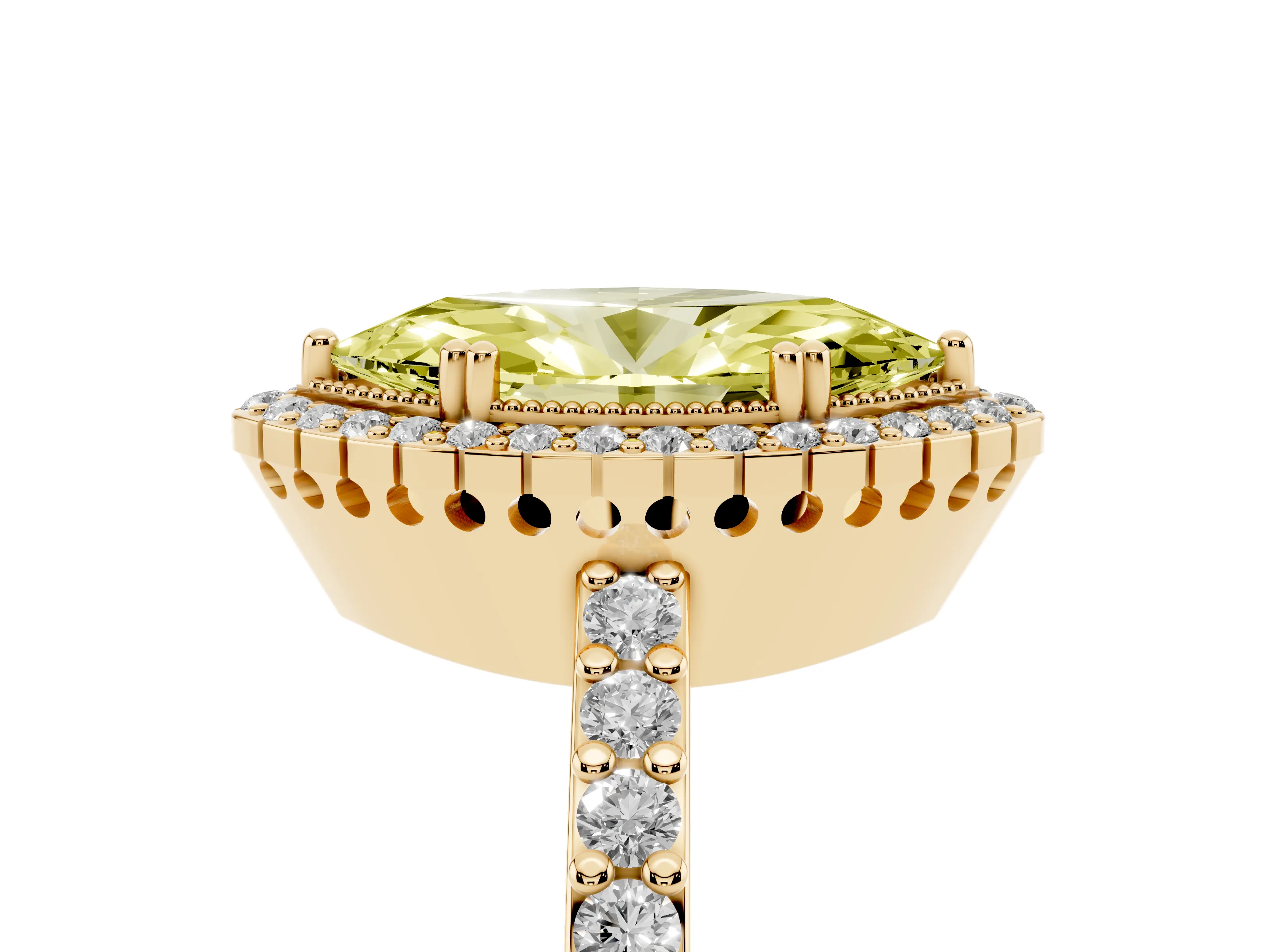 Fancy Yellow Marquise Cut Diamond Halo Engagement Ring Set in Yellow gold with Milgrain Detail and Pavé Band