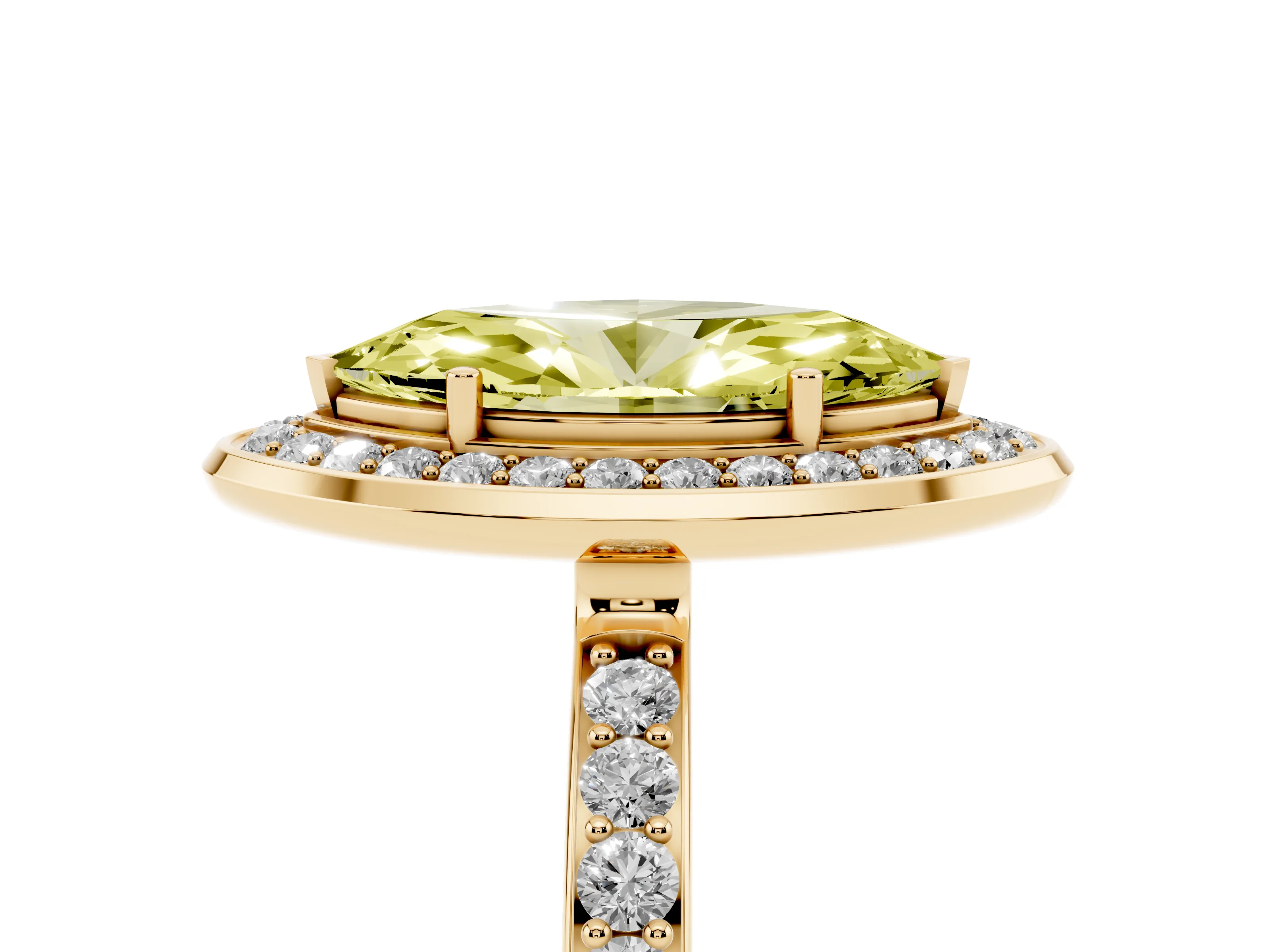 Fancy Yellow Marquise Cut Diamond Halo Ring Set in Yellow gold with Bezel Frame and Pavé Band
