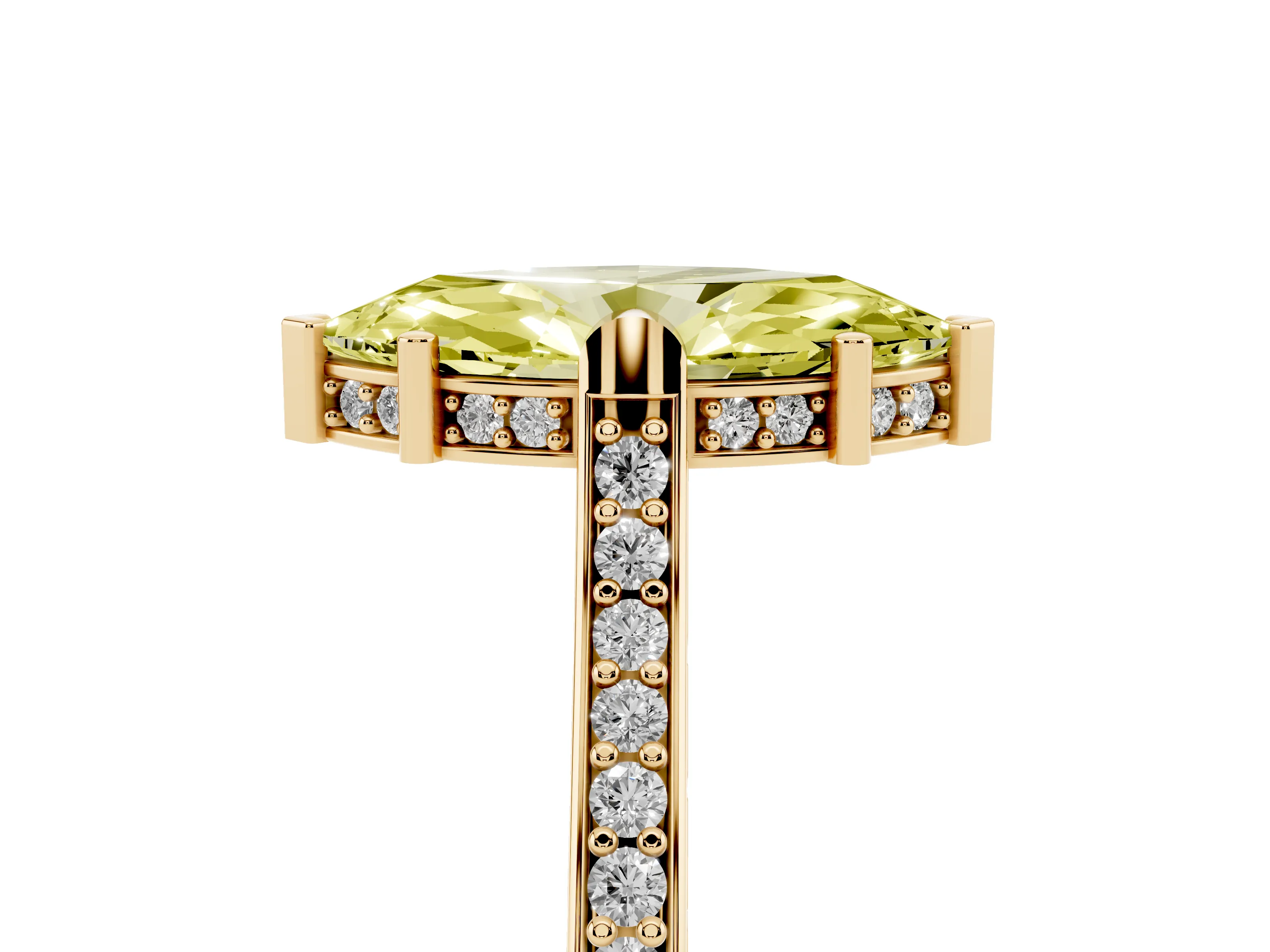 Fancy Yellow Marquise Cut Diamond Solitaire Ring Set in Yellow gold with Channel Set Band and Bezel Prong Setting