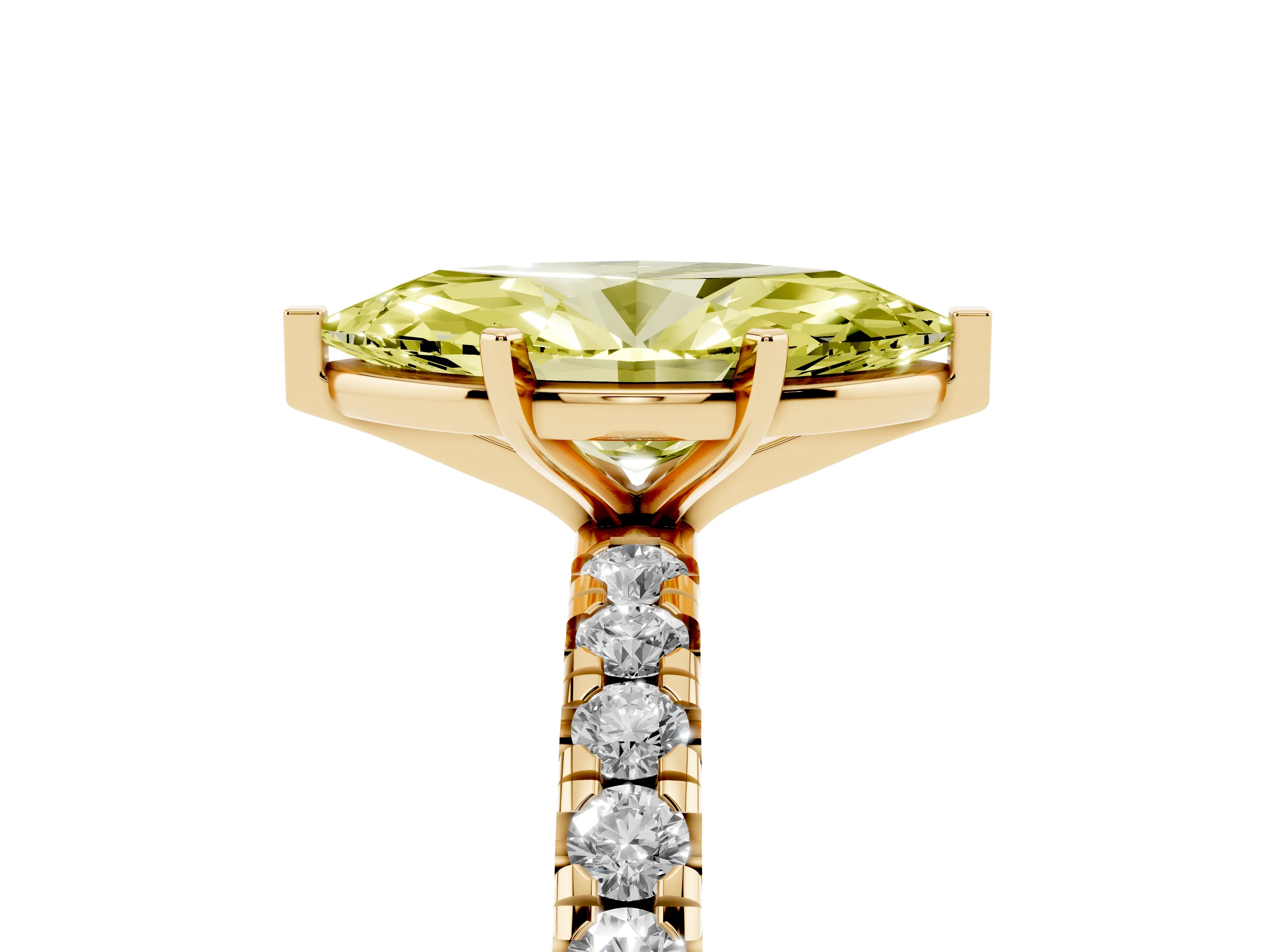 Fancy Yellow Marquise Cut Diamond Pavé Solitaire Ring Set in Yellow gold with Round Band and Prong Setting