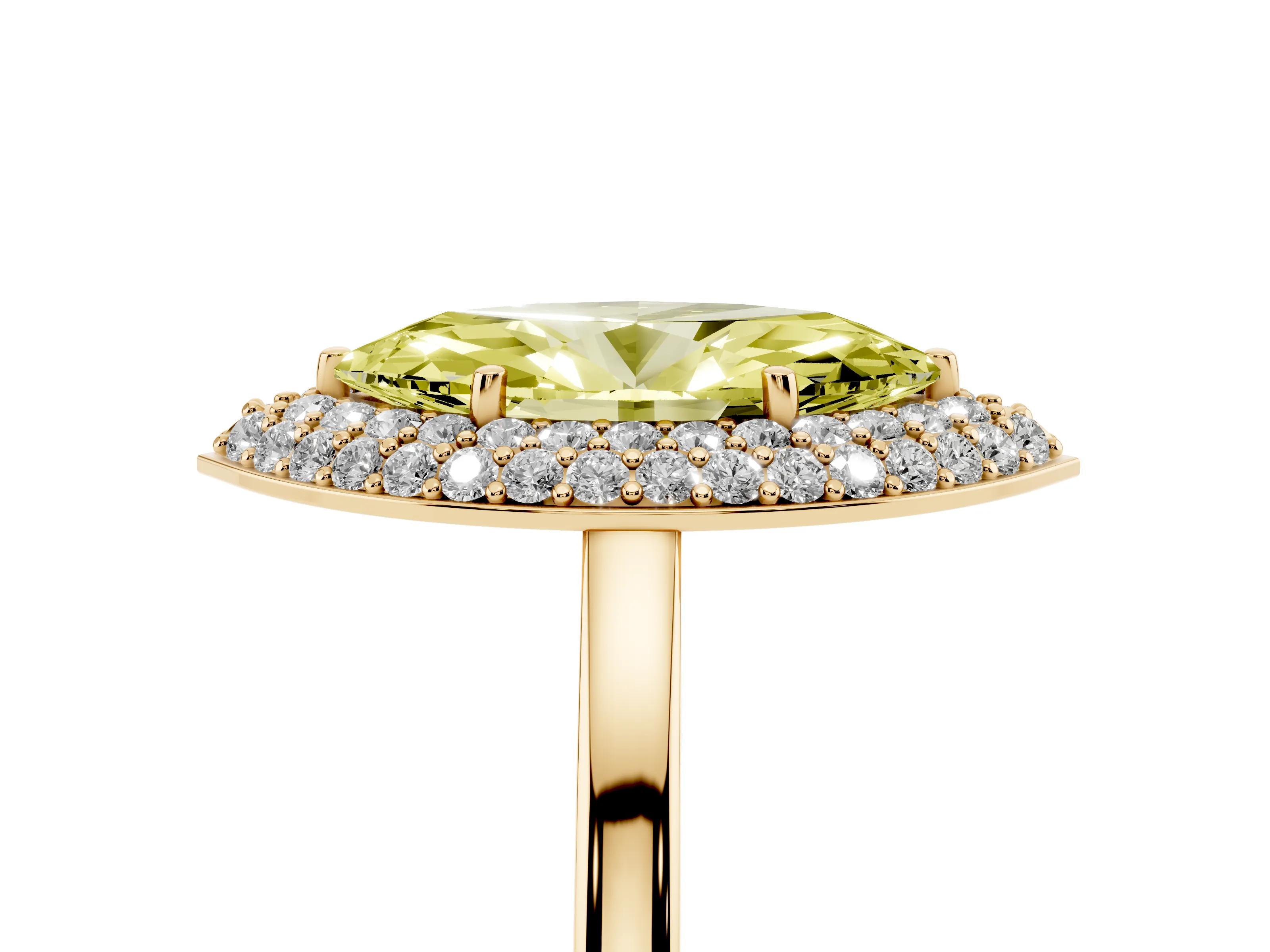 Fancy Yellow Marquise Cut Diamond Halo Engagement Ring Set in Yellow gold with Solitaire Band and Prong Setting