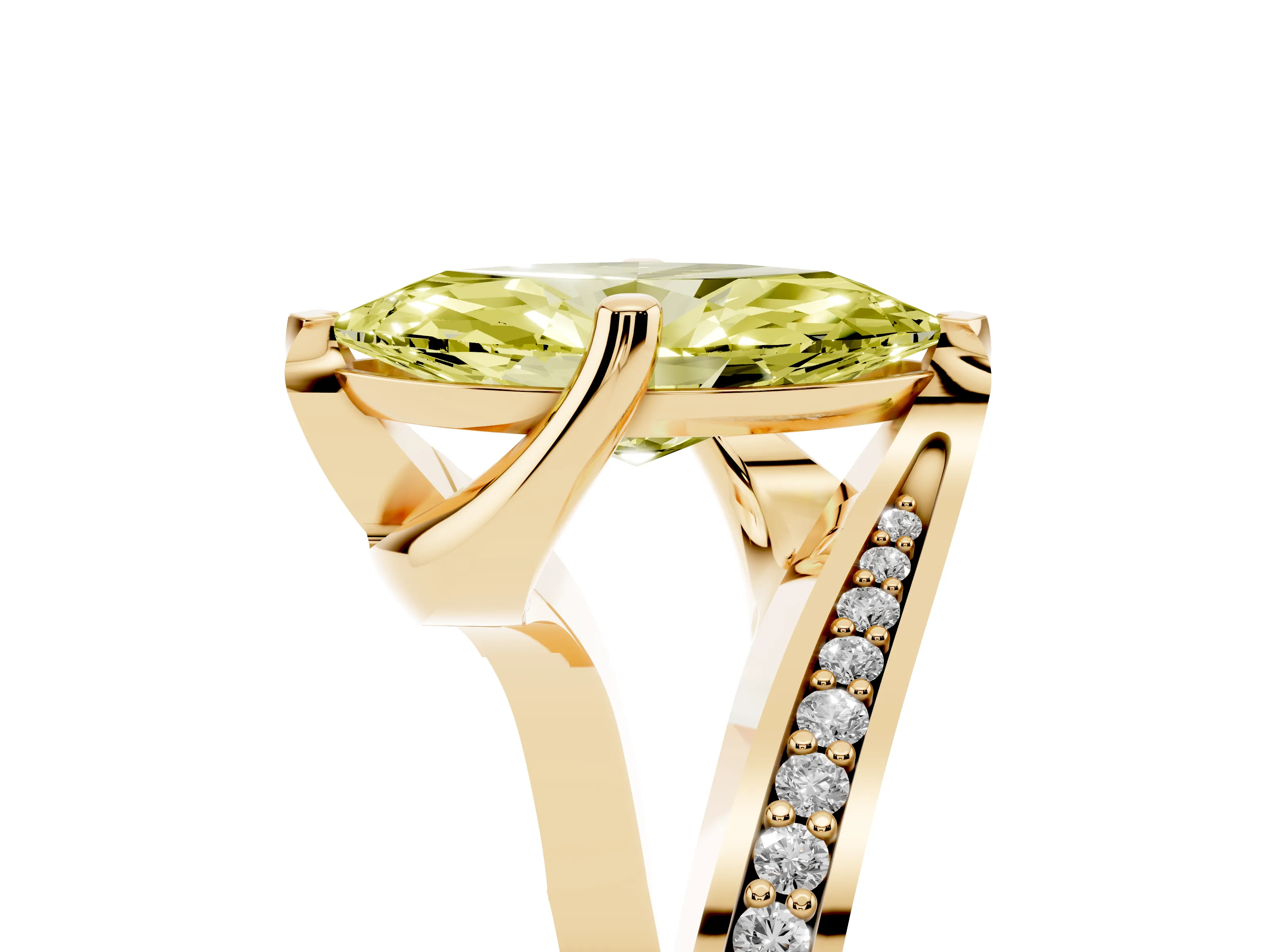 Fancy Yellow Marquise Cut Diamond Solitaire Ring Set in Yellow gold with Intertwined Pavé Twist Band