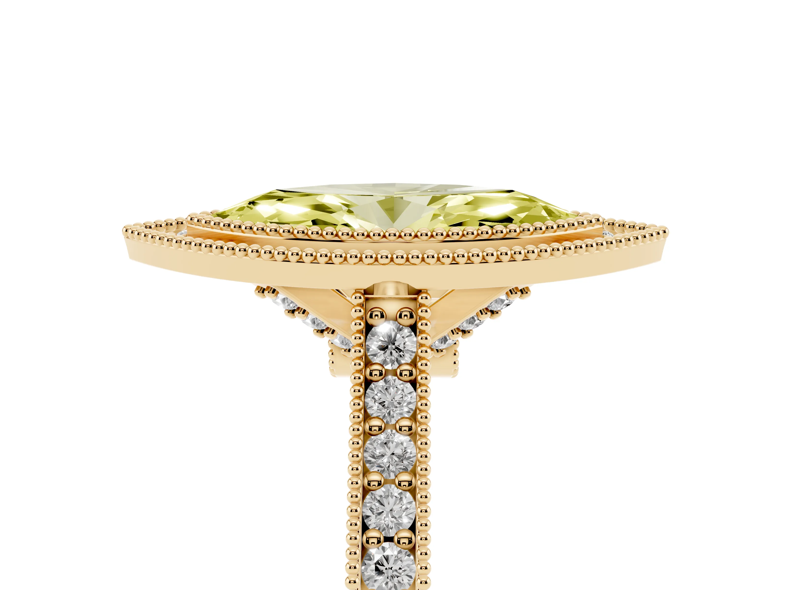 Fancy Yellow Marquise Cut Diamond Halo Milgrain Pavé Band Ring Set in Yellow gold with Prong Setting