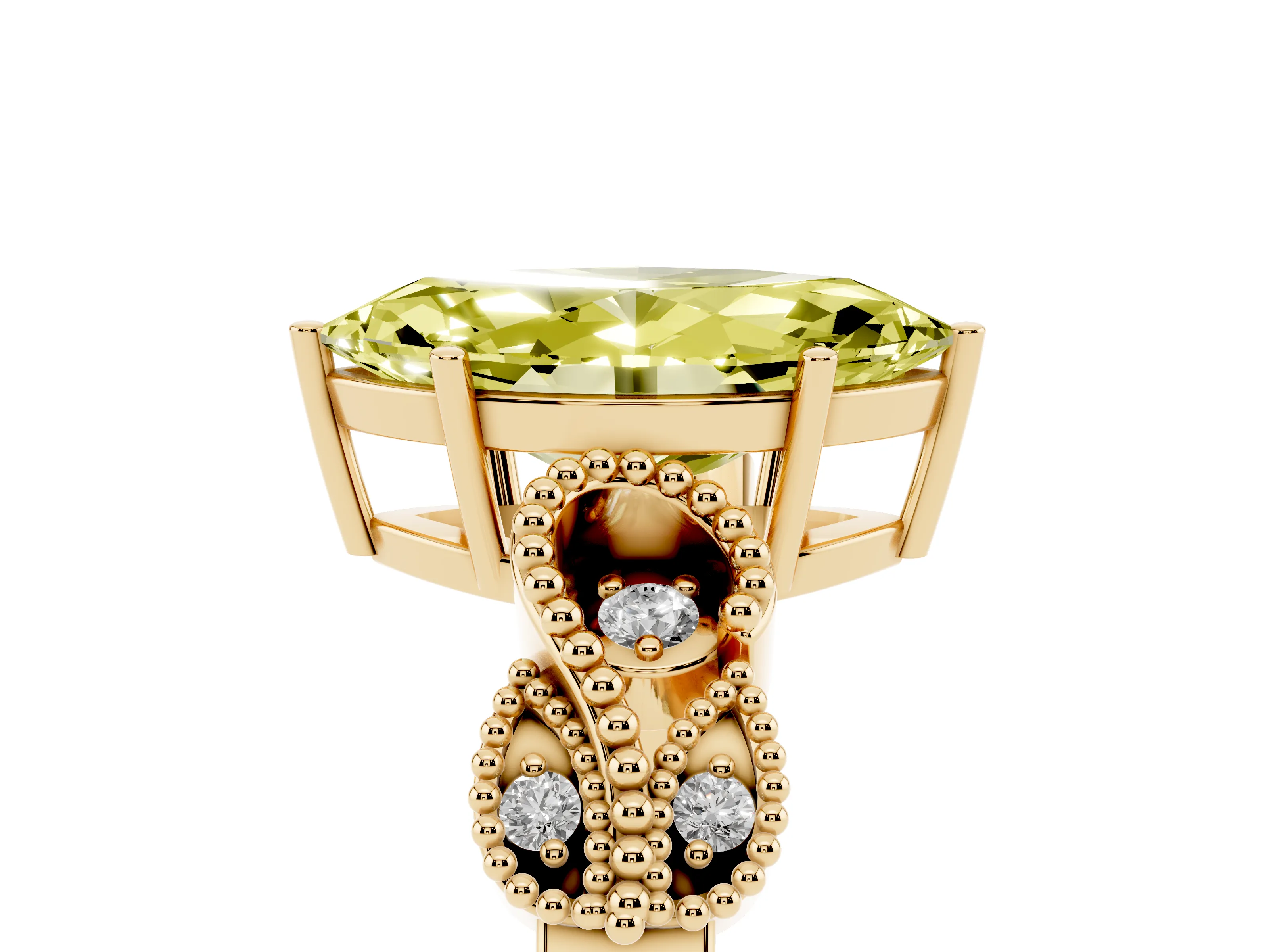 Fancy Yellow Marquise Cut Diamond Milgrain Leaf Band Solitaire Ring Set in Yellow gold with Accent Stones and Prong Setting