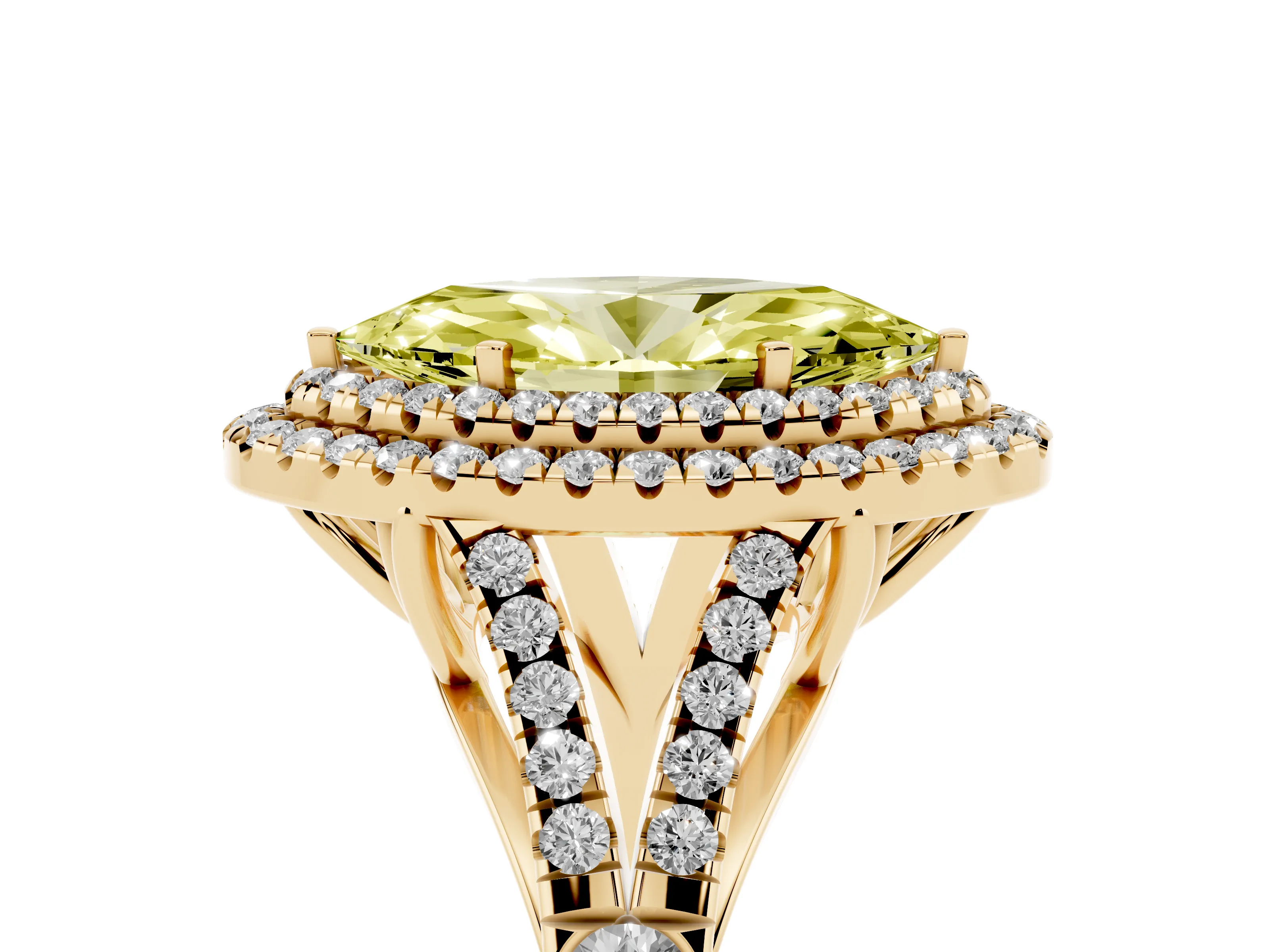 Fancy Yellow Marquise Cut Diamond Pavé Split Shank Double Halo Engagement Ring Set in Yellow gold
