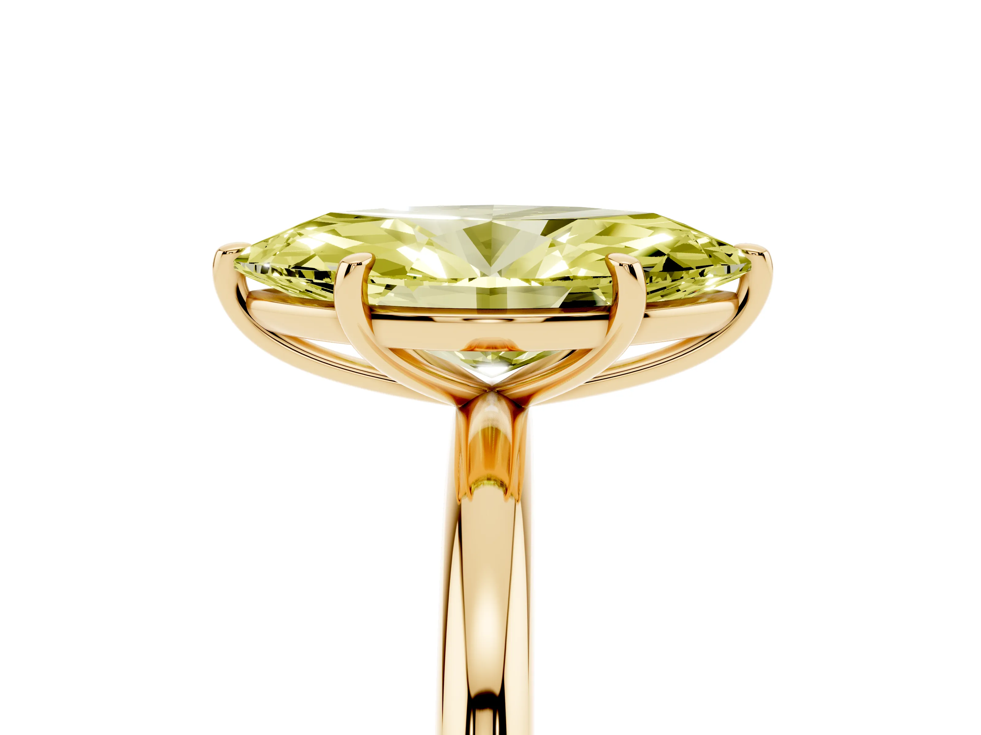 Fancy Yellow Marquise Cut Diamond Solitaire Ring Set in Yellow gold with Prong Setting on a Polished Plain Band