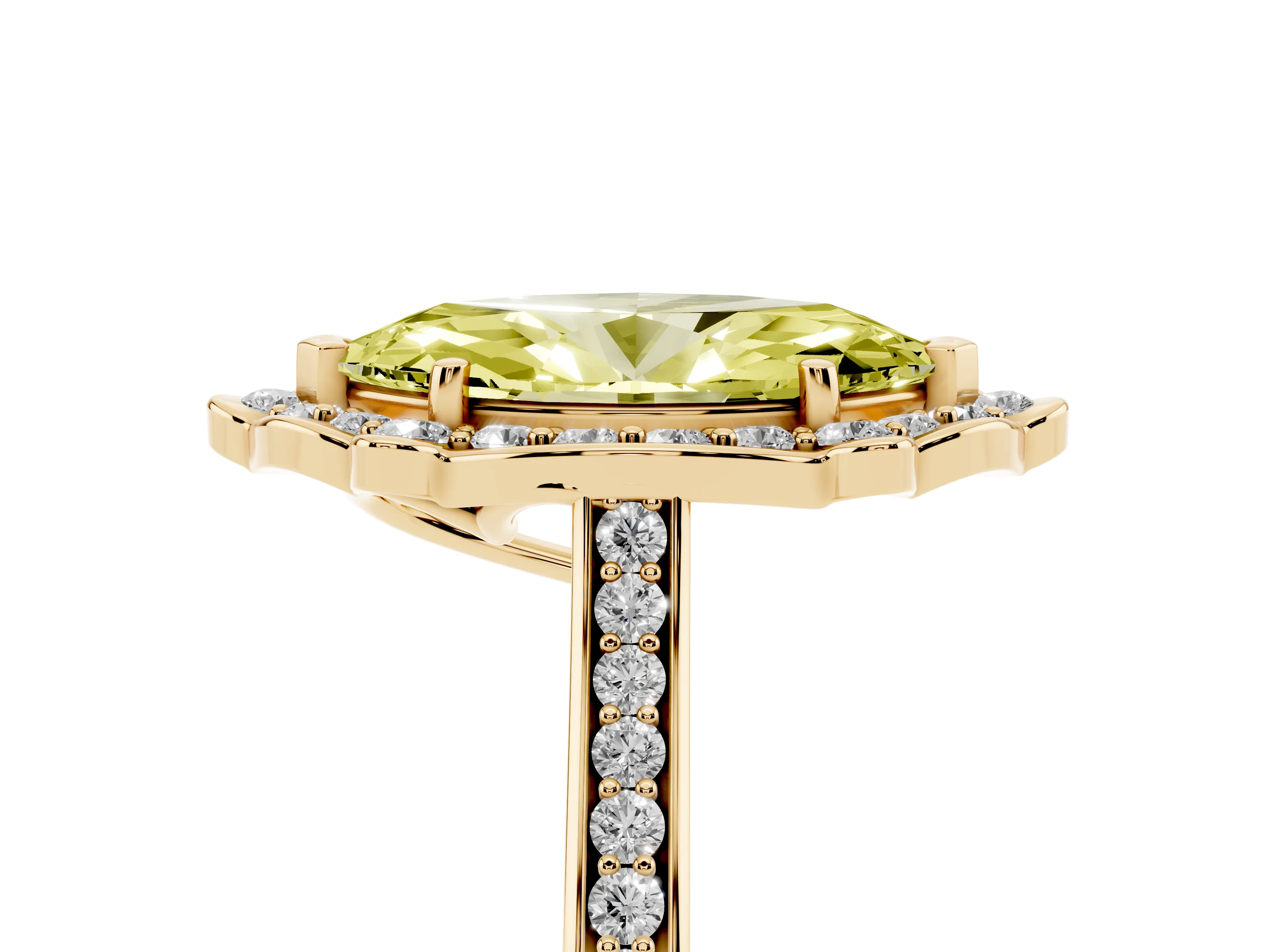 Fancy Yellow Marquise Cut Diamond Halo Ring Set in Yellow gold with Pavé-Lined Shoulders and Prong Setting