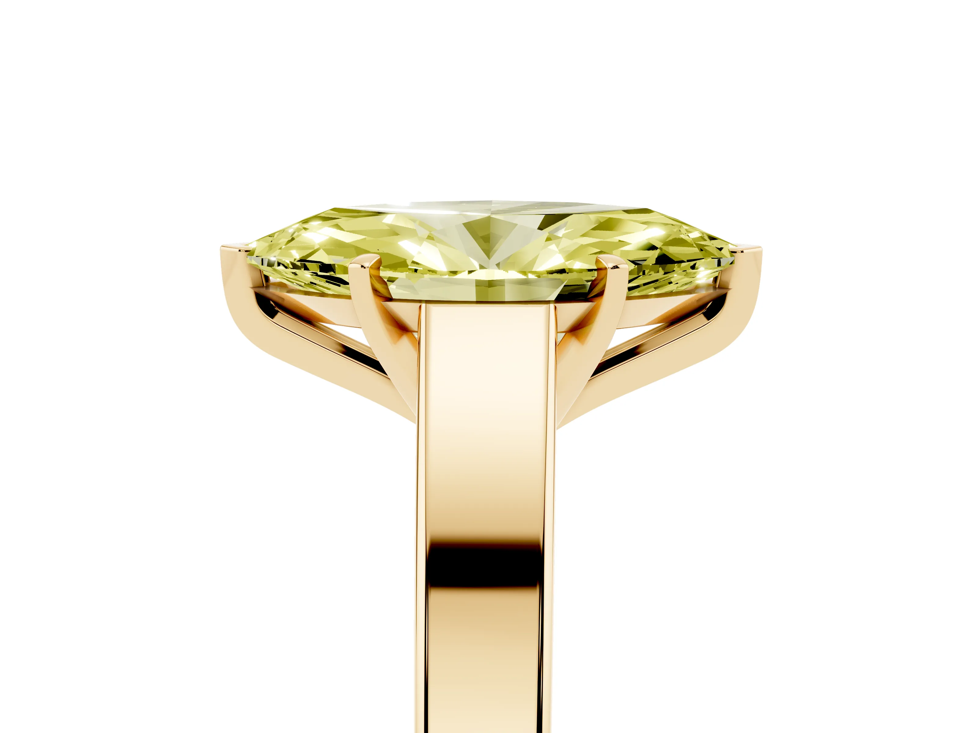 Fancy Yellow Marquise Cut Diamond Solitaire Engagement Ring Set in Yellow gold with Prong Setting and Tapered Band