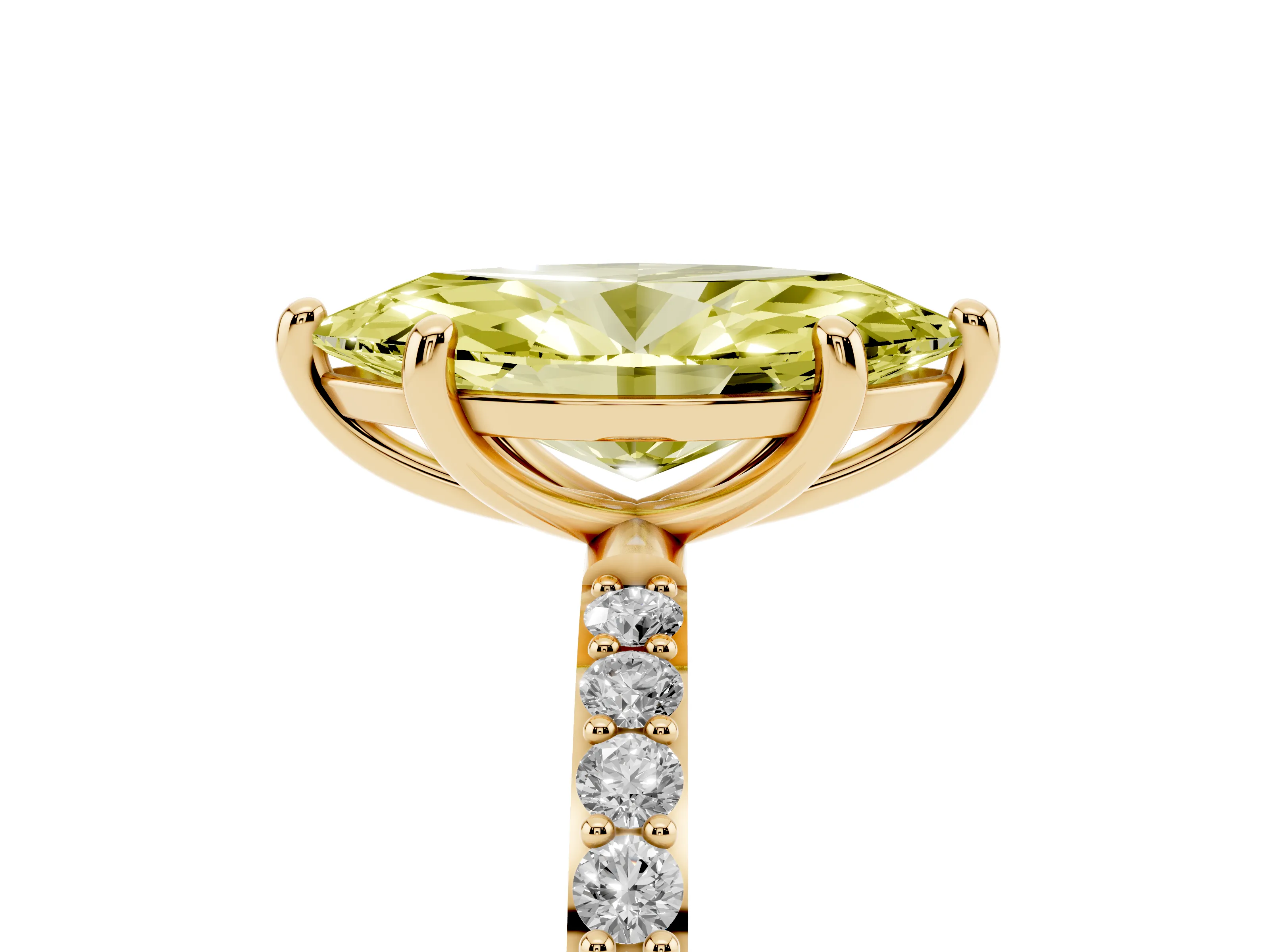 Fancy Yellow Marquise Cut Diamond Solitaire Ring Set in Yellow gold with Round Pavé Band and Prong Setting