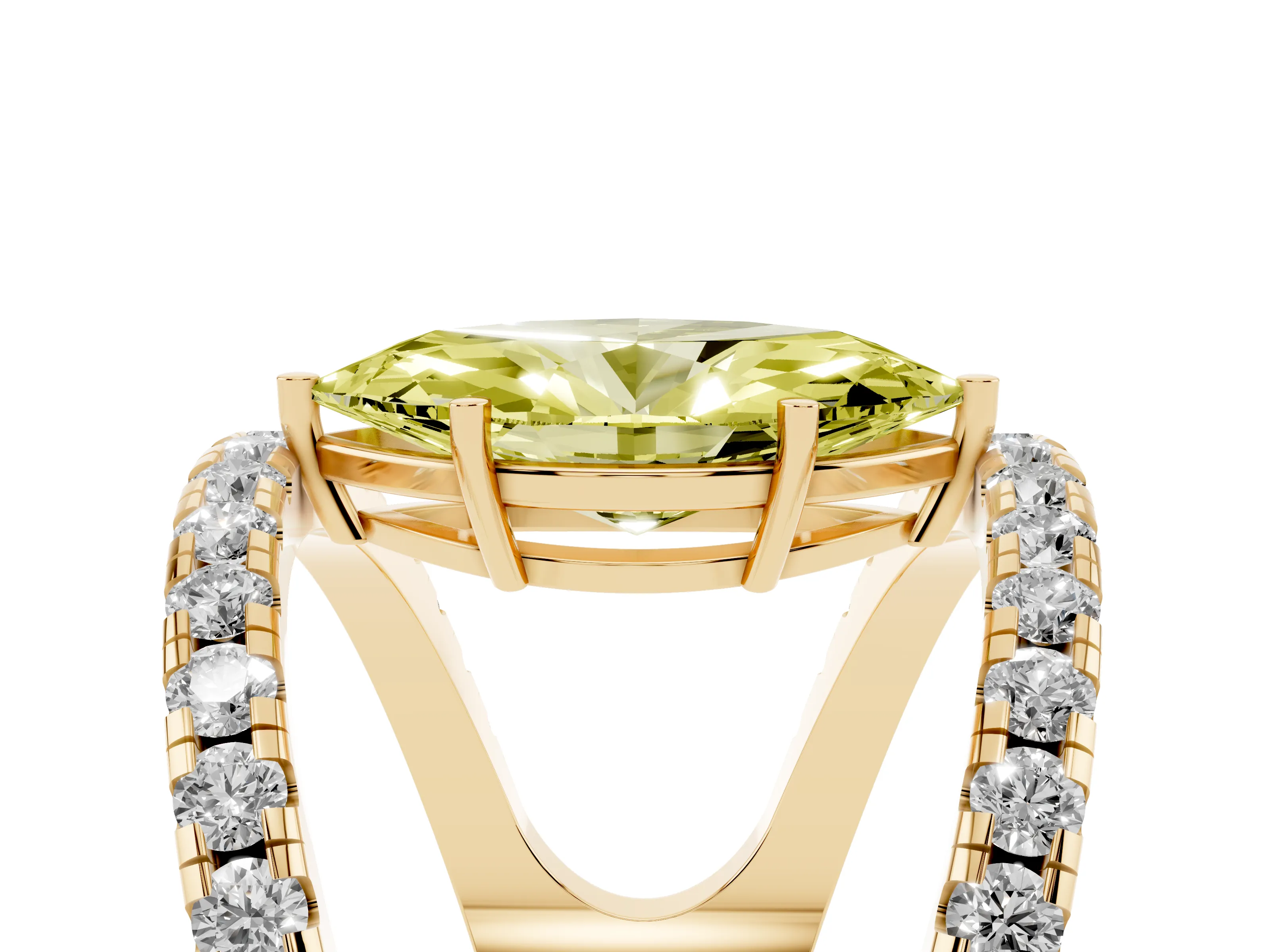 Fancy Yellow Marquise Cut Diamond Split Shank Pavé Solitaire Ring Set in Yellow gold with Open Shank Design
