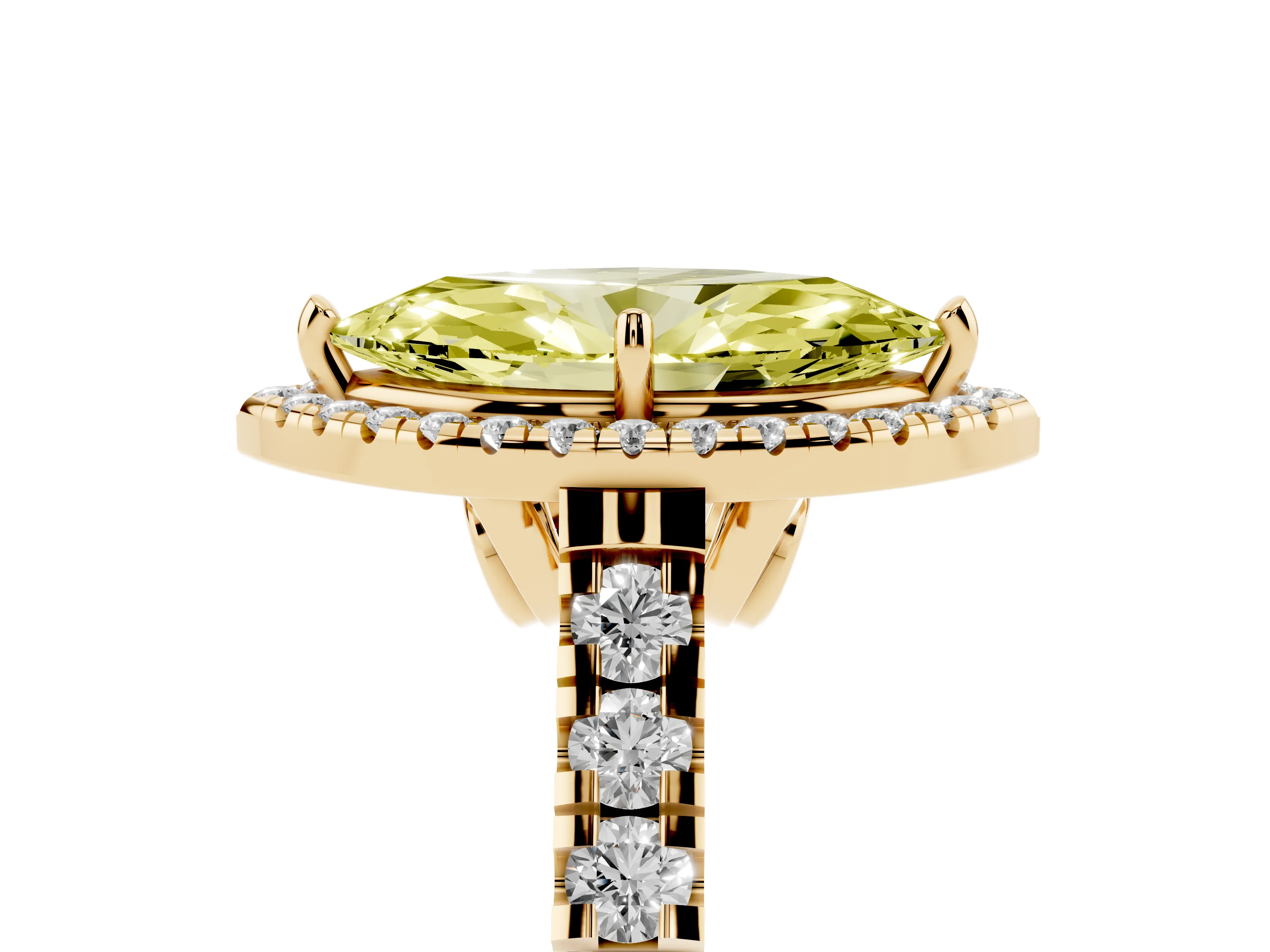 Fancy Yellow Marquise Cut Diamond Halo Engagement Ring Set in Yellow gold with Pavé Band and Prong-Set Center