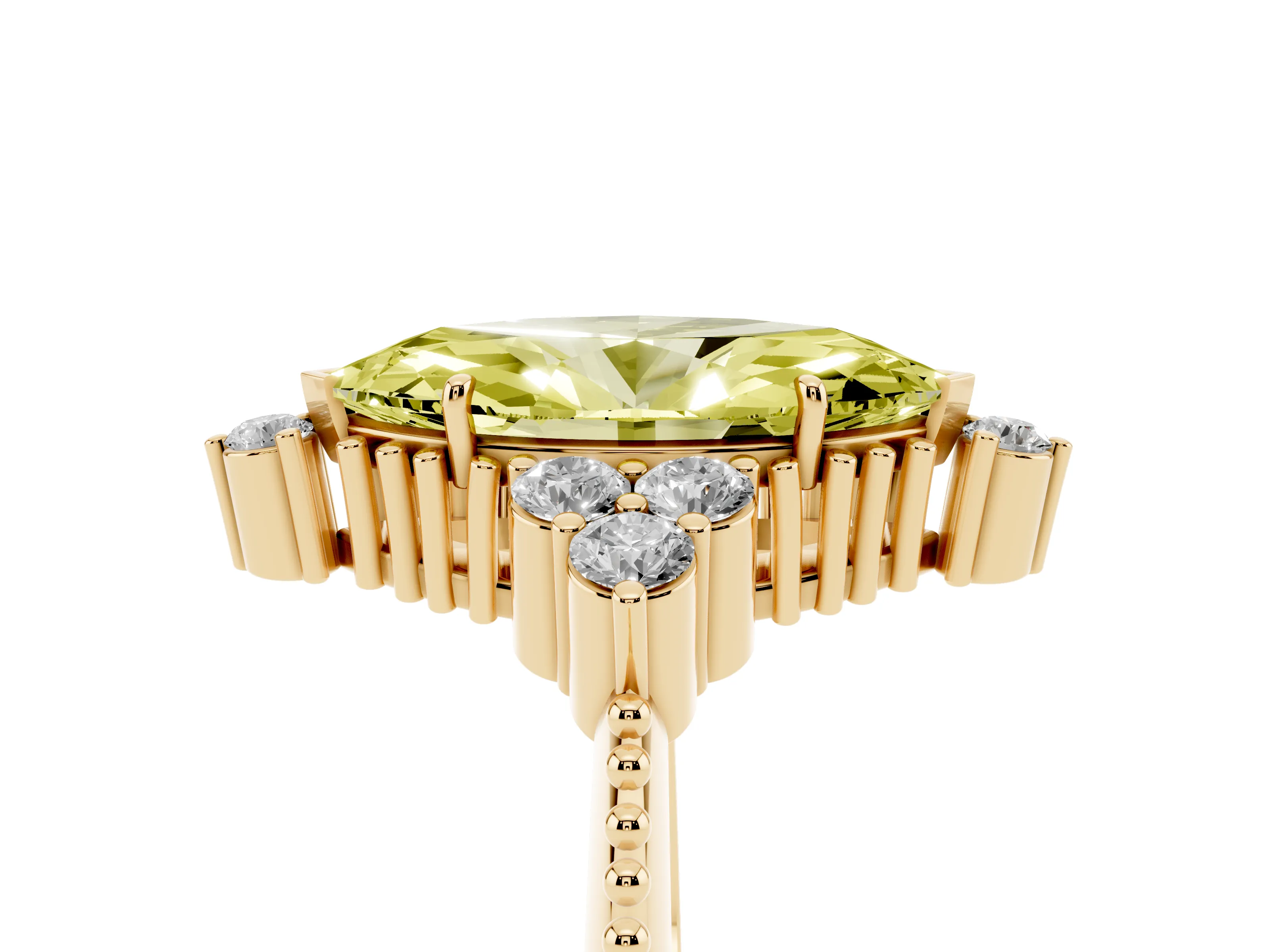 Fancy Yellow Marquise Cut Diamond Cluster Ring Set in Yellow gold with Beaded Band
