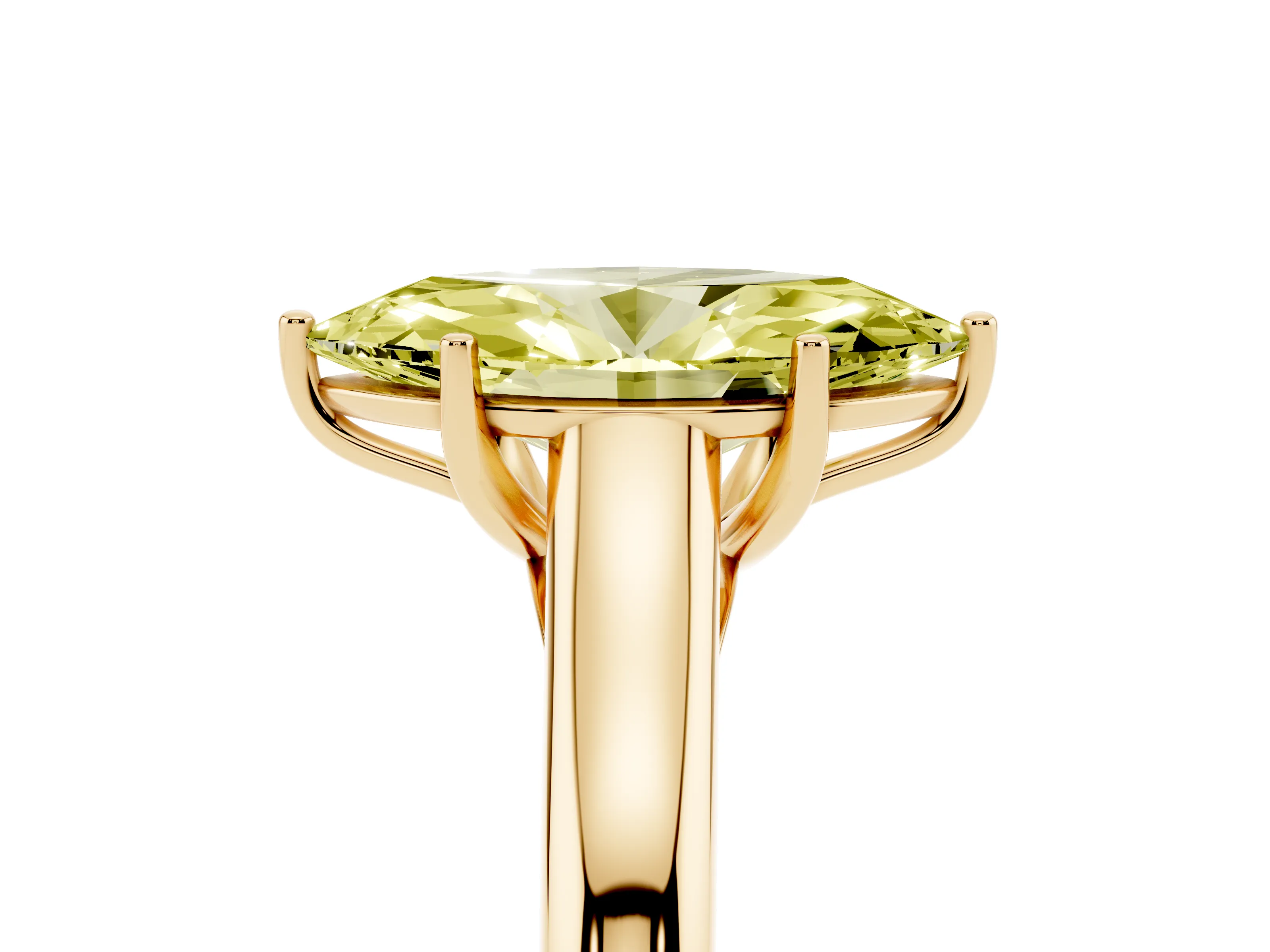 Fancy Yellow Marquise Cut Diamond Solitaire Engagement Ring Set in Yellow gold with Subtly Tapered Band and Prong Setting