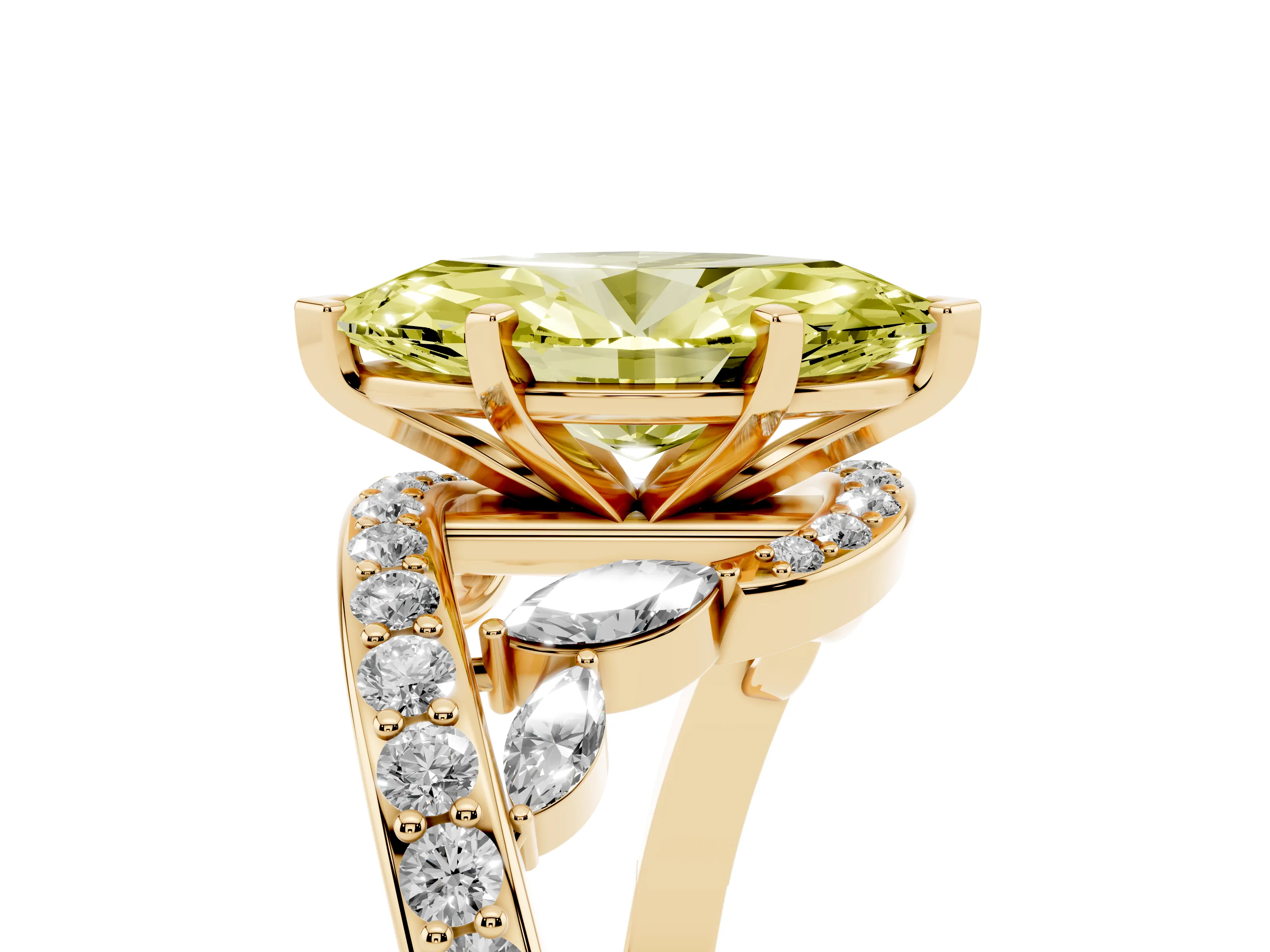 Fancy Yellow Marquise Cut Diamond Solitaire Ring Set in Yellow gold with Pavé Twist Band and Secure Prong Setting