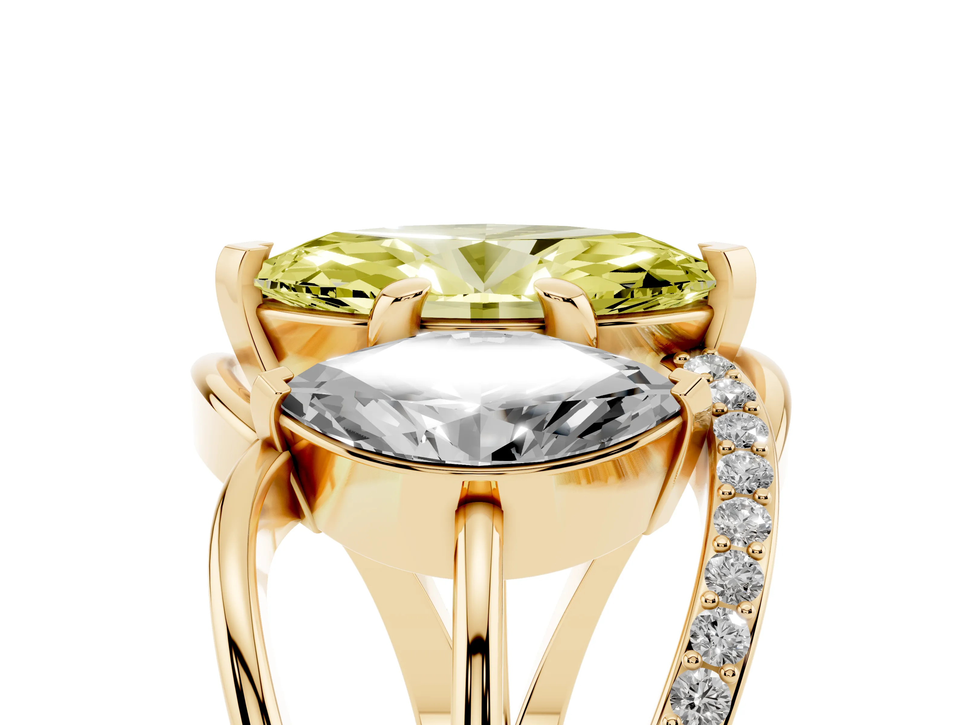 Fancy Yellow Marquise Cut Diamond Three-Stone Ring Set in Yellow gold with Split Shank and Prong Setting