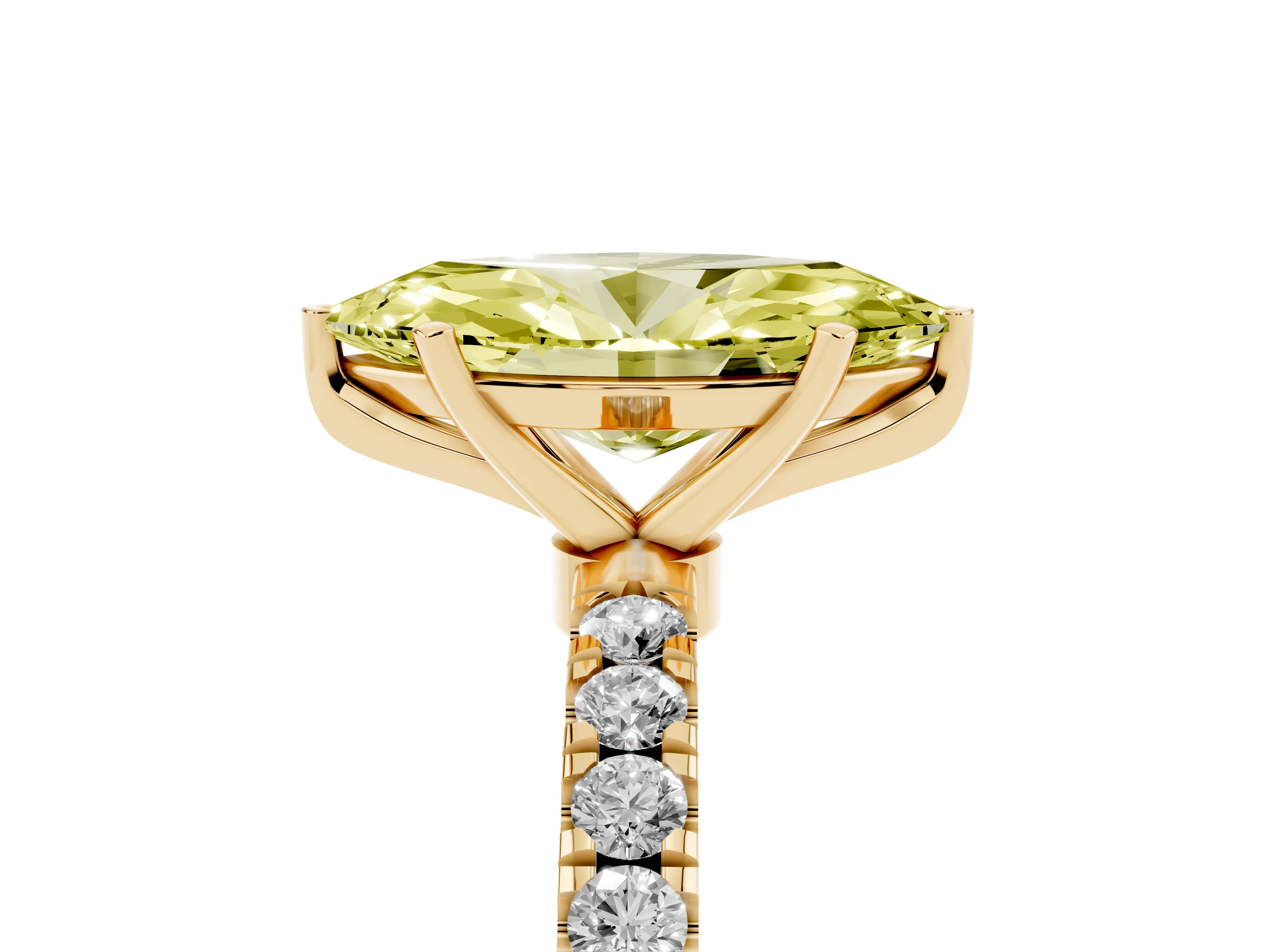 Fancy Yellow Marquise Cut Diamond Solitaire Ring Set in Yellow gold with Pavé Accents and Prong Setting