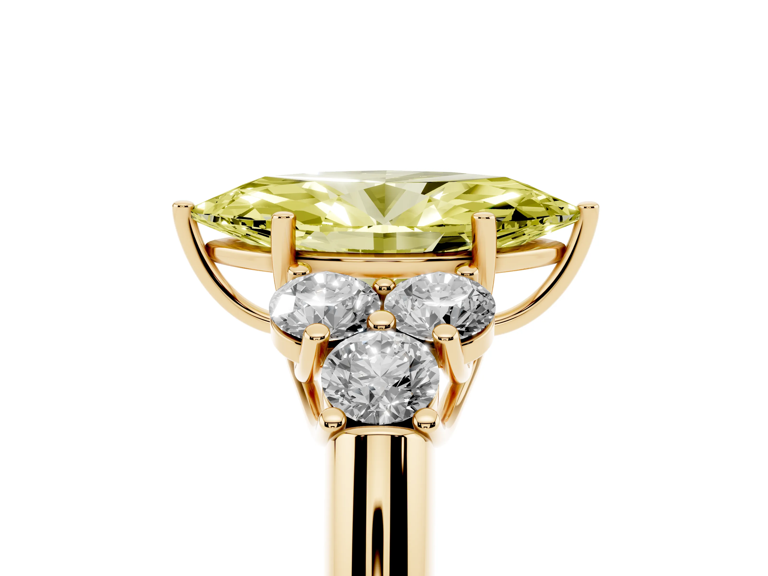 Fancy Yellow Marquise Cut Diamond Cluster Ring Set in Yellow gold with Round Accent Stones and Prong Setting on a Plain Band