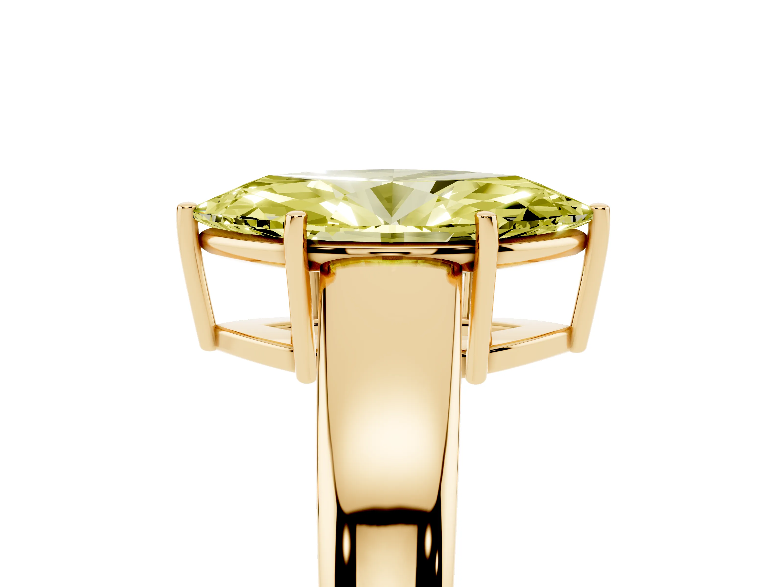 Fancy Yellow Marquise Cut Diamond Solitaire Ring Set in Yellow gold with Tapered Band and Prong Setting