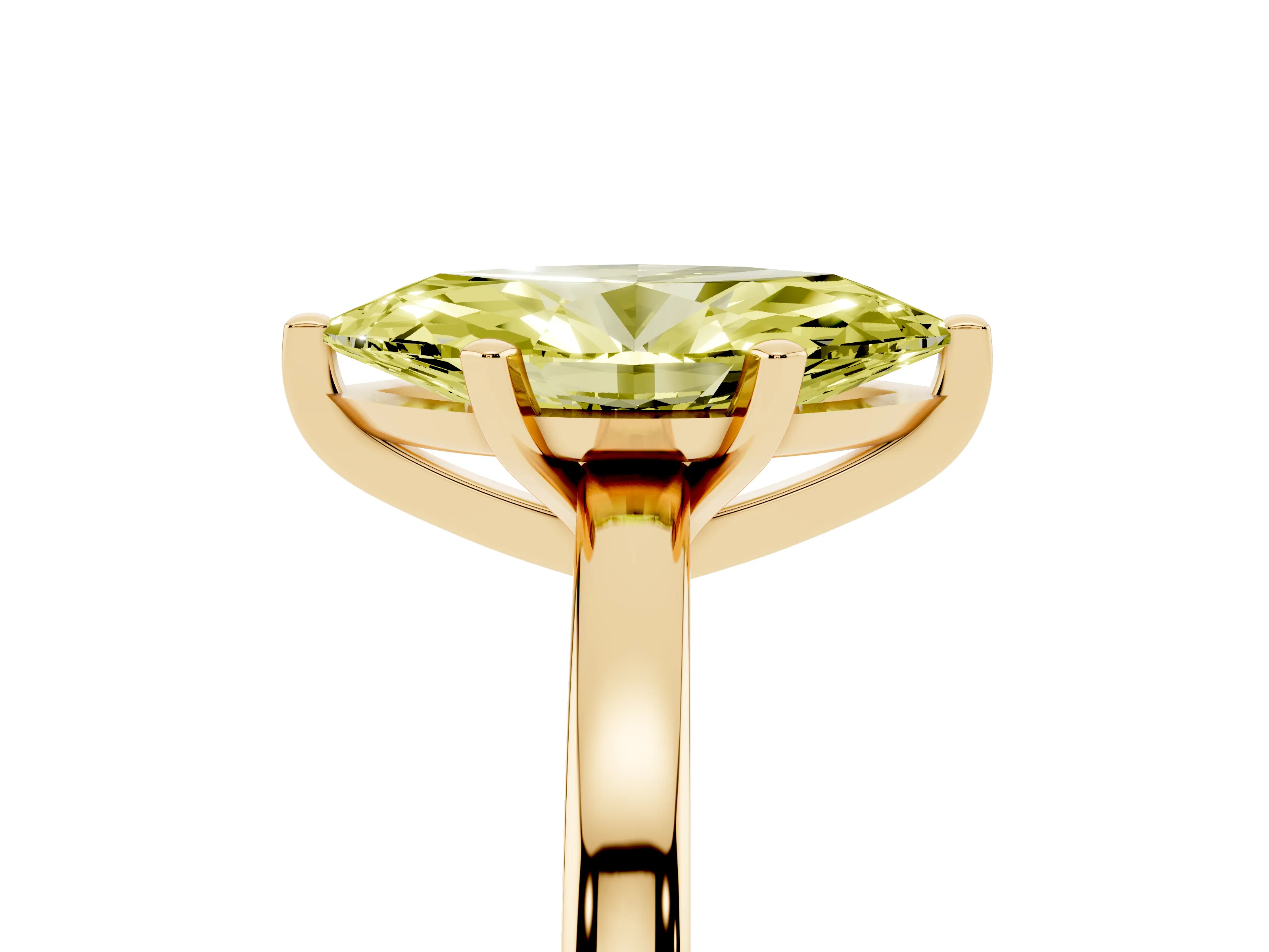 Fancy Yellow Marquise Cut Diamond Solitaire Engagement Ring Set in Yellow gold with Prong Setting on a Classic Band