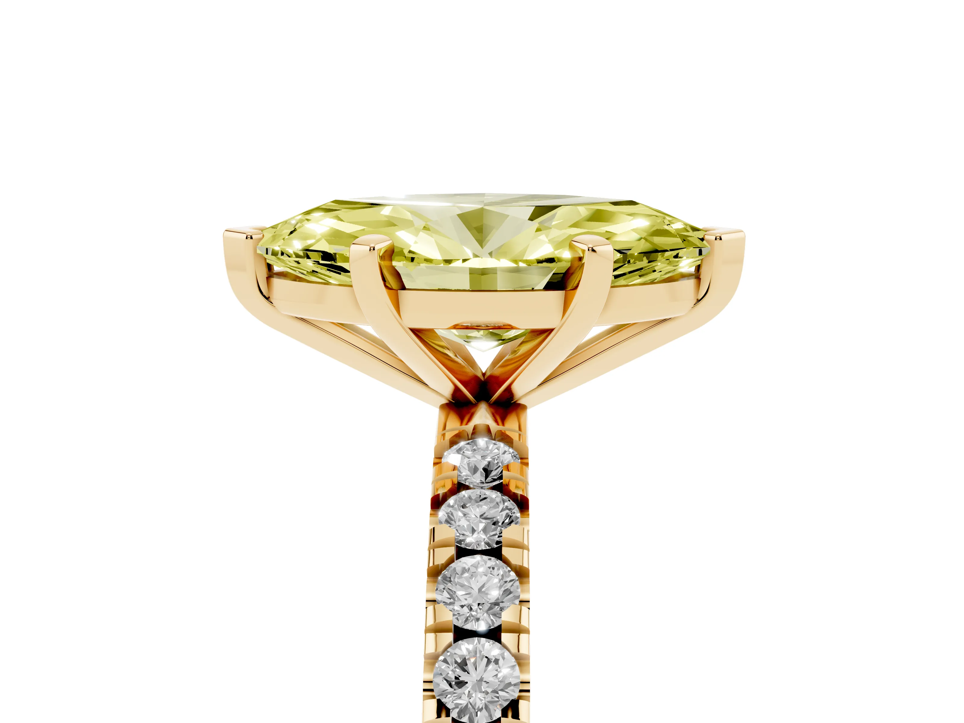 Fancy Yellow Marquise Cut Diamond Pavé Band Solitaire Set in Yellow gold with Prong Setting