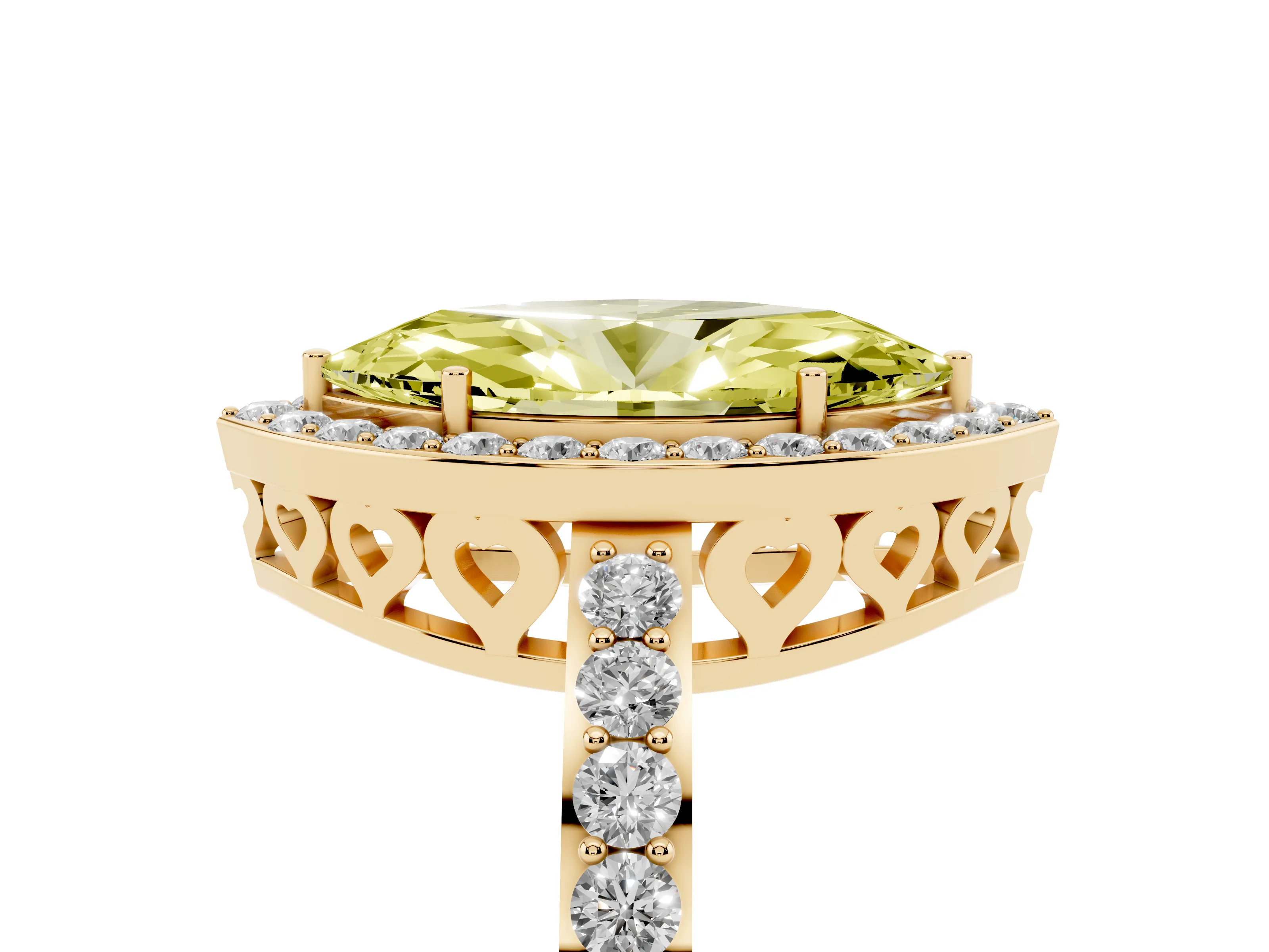 Fancy Yellow Marquise Cut Diamond Halo Ring Set in Yellow gold with Pavé-Setting Band and Open Prong Center