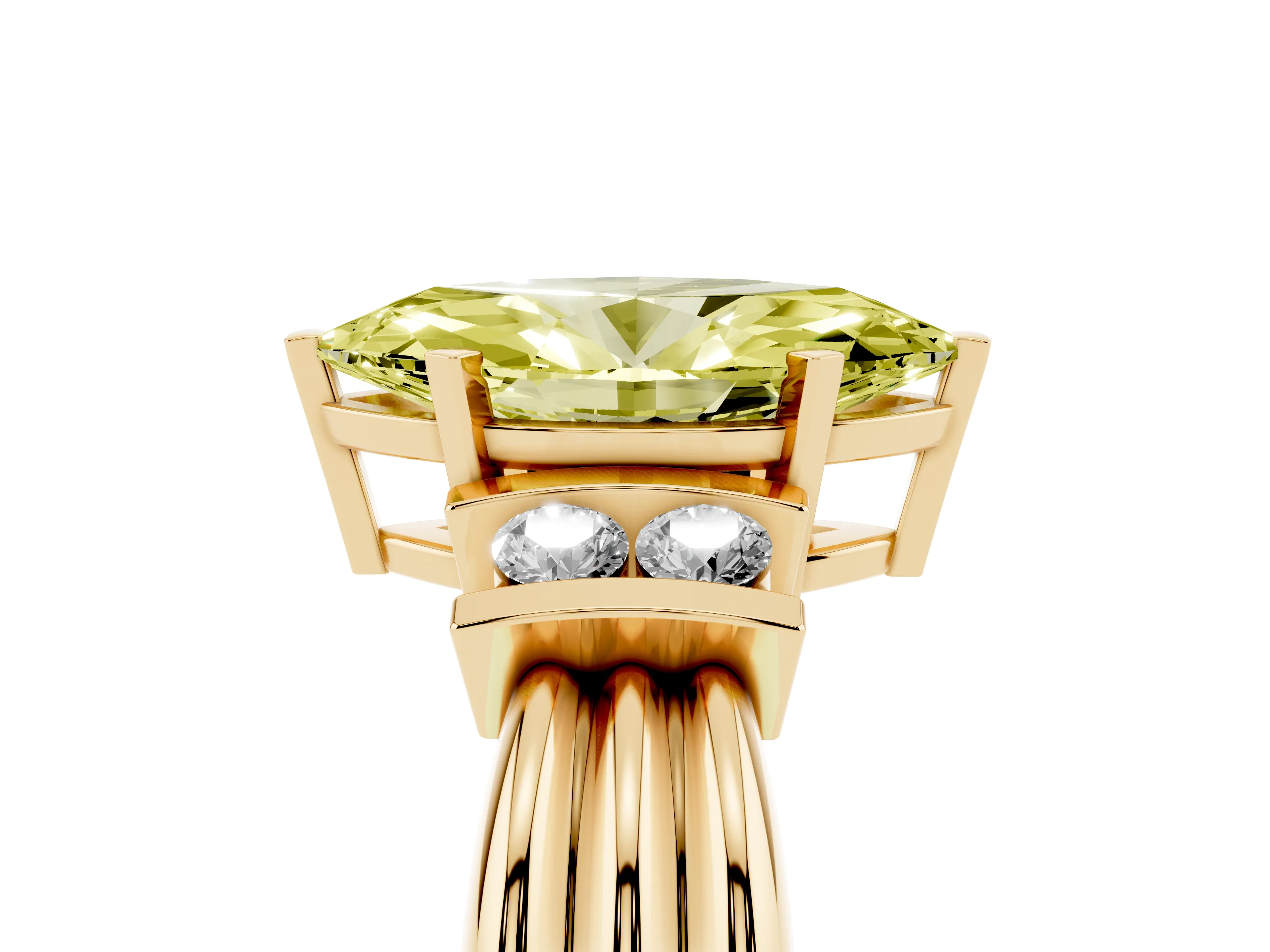 Fancy Yellow Three-Stone Marquise Cut Diamond Channel Set Ring Set in Yellow gold with Bar Prongs
