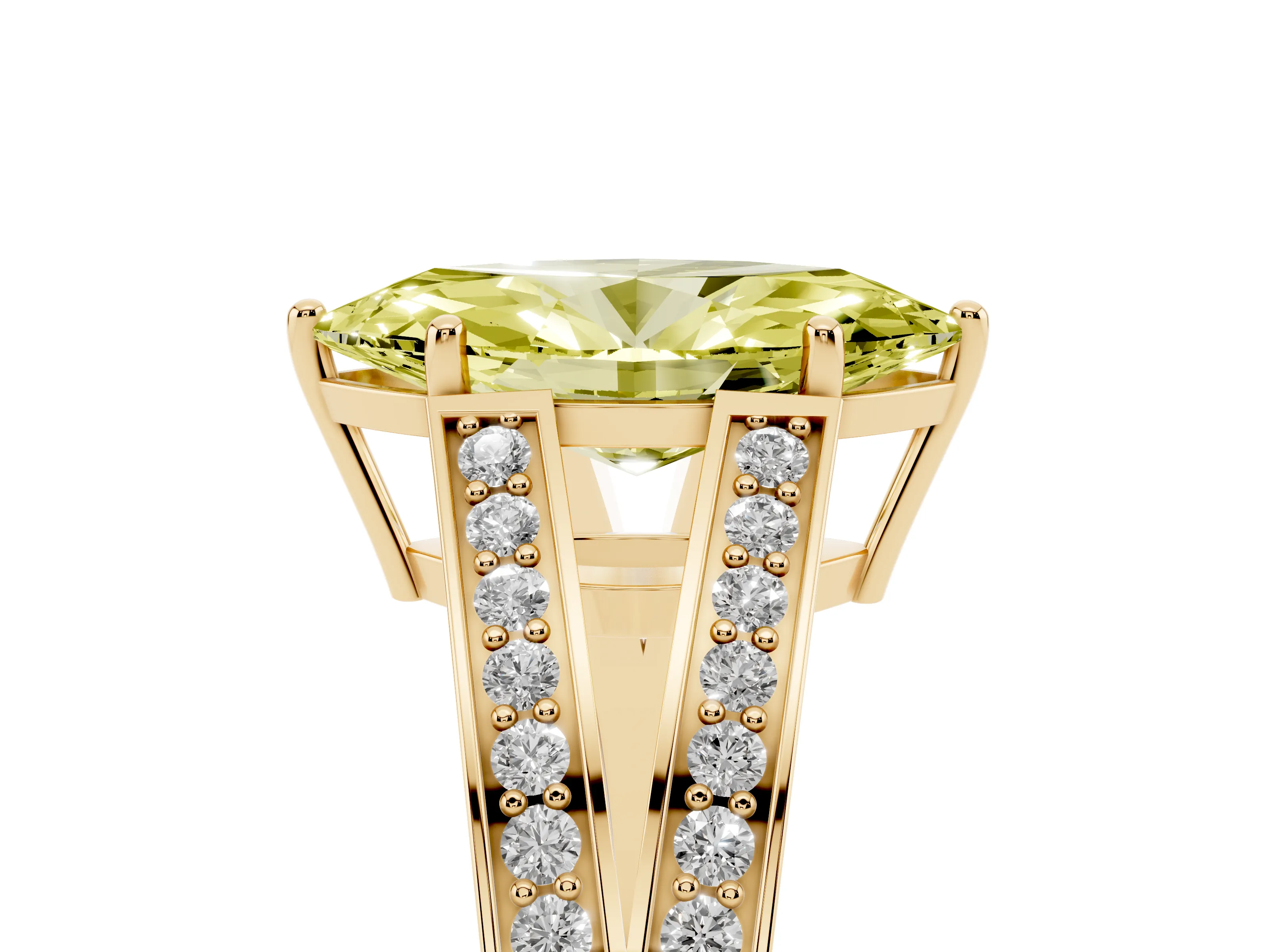 Fancy Yellow Marquise Cut Diamond Split Shank Ring Set in Yellow gold with Pavé Band and Prong Setting