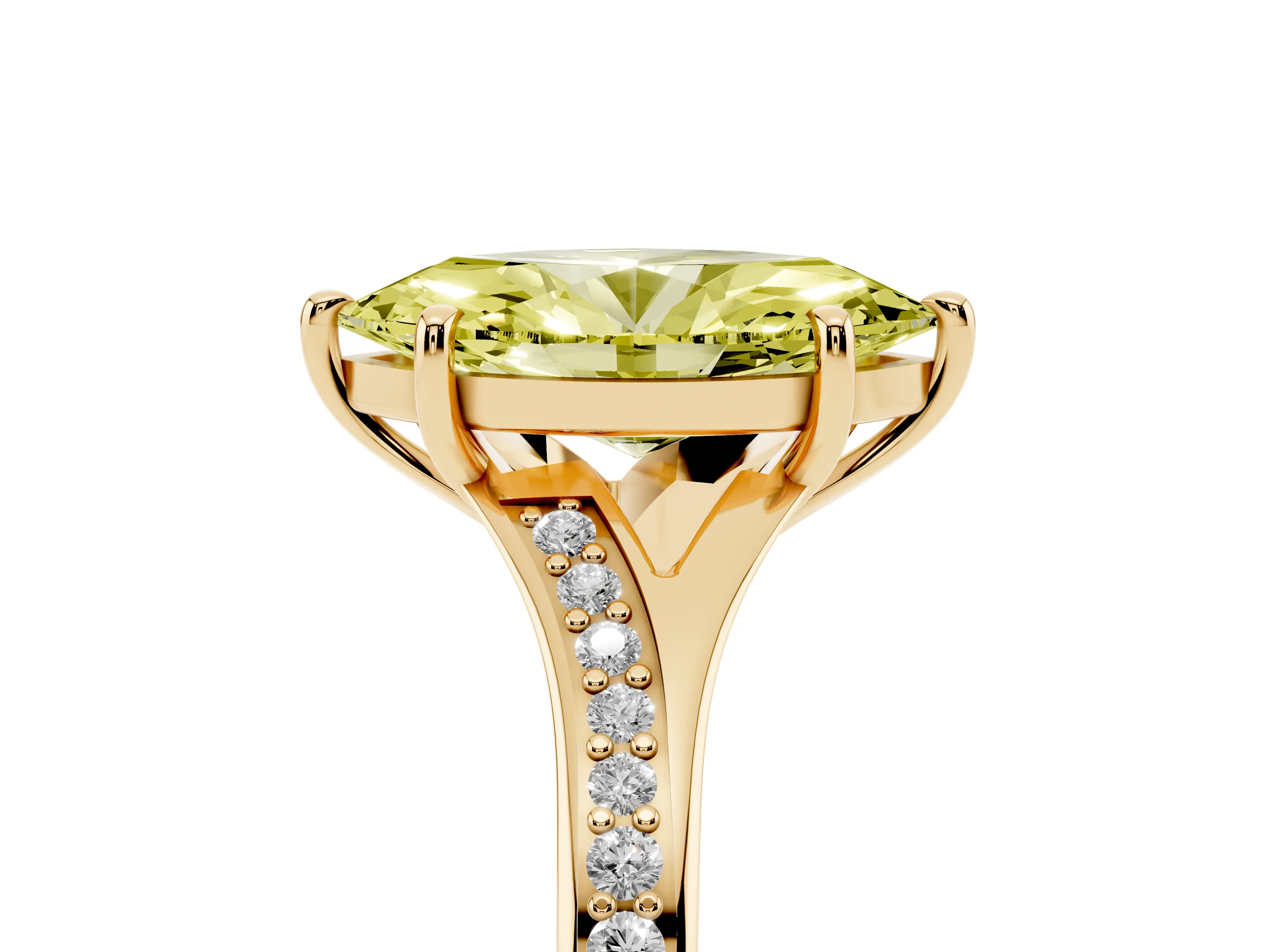 Fancy Yellow Marquise Cut Diamond Solitaire Ring Set in Yellow gold with Pavé Accent Band and Classic Prong Setting