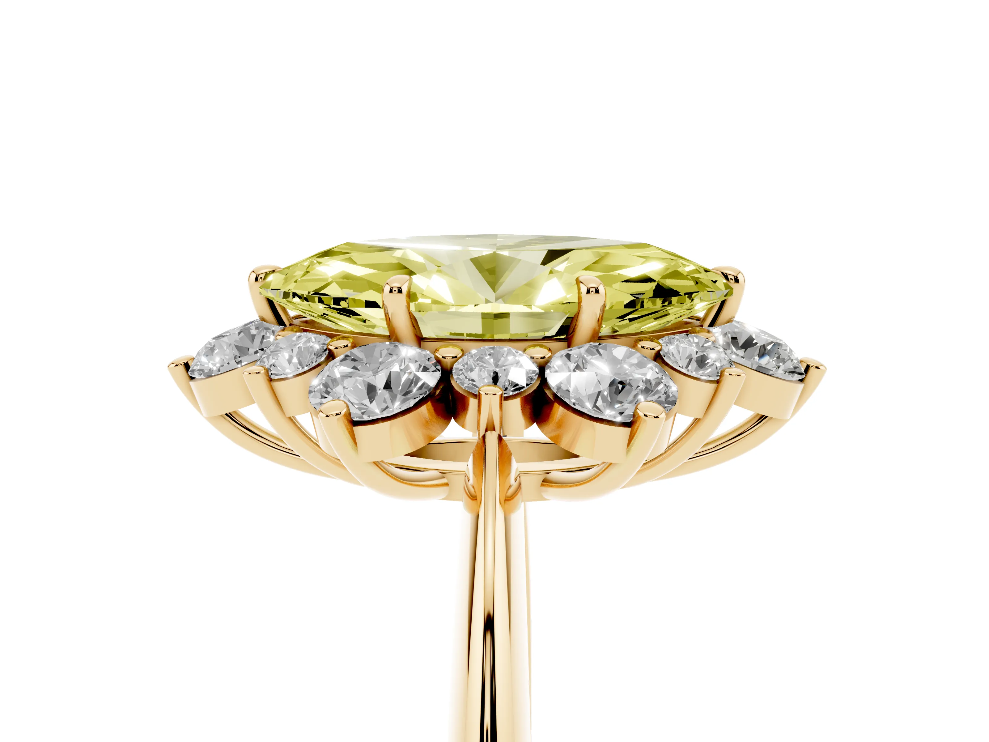 Fancy Yellow Marquise Cut Diamond Cluster Halo Ring Set in Yellow gold with Solitaire Band and Prong Setting
