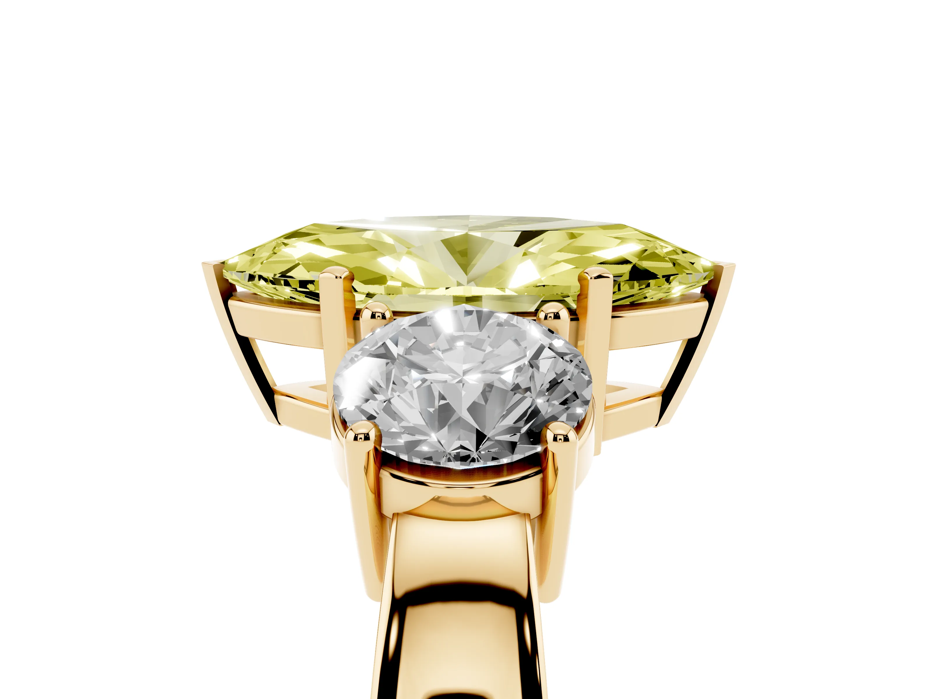 Fancy Yellow Marquise Cut Diamond Three-Stone Ring Set in Yellow gold with Round Side Stones and Classic Band