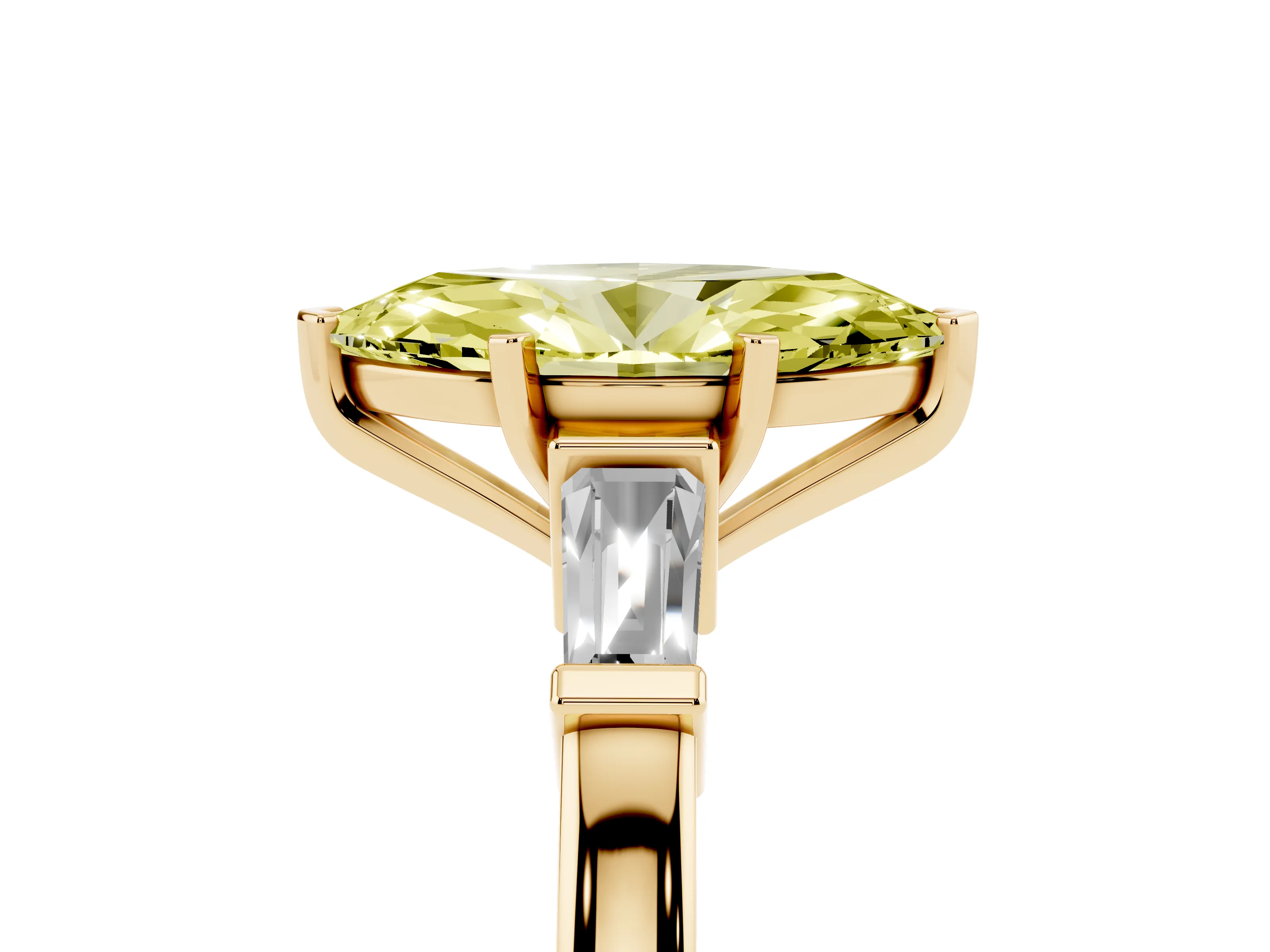 Fancy Yellow Marquise Cut Diamond Solitaire Ring Set in Yellow gold with Tapered Baguette Accents and Prong Setting