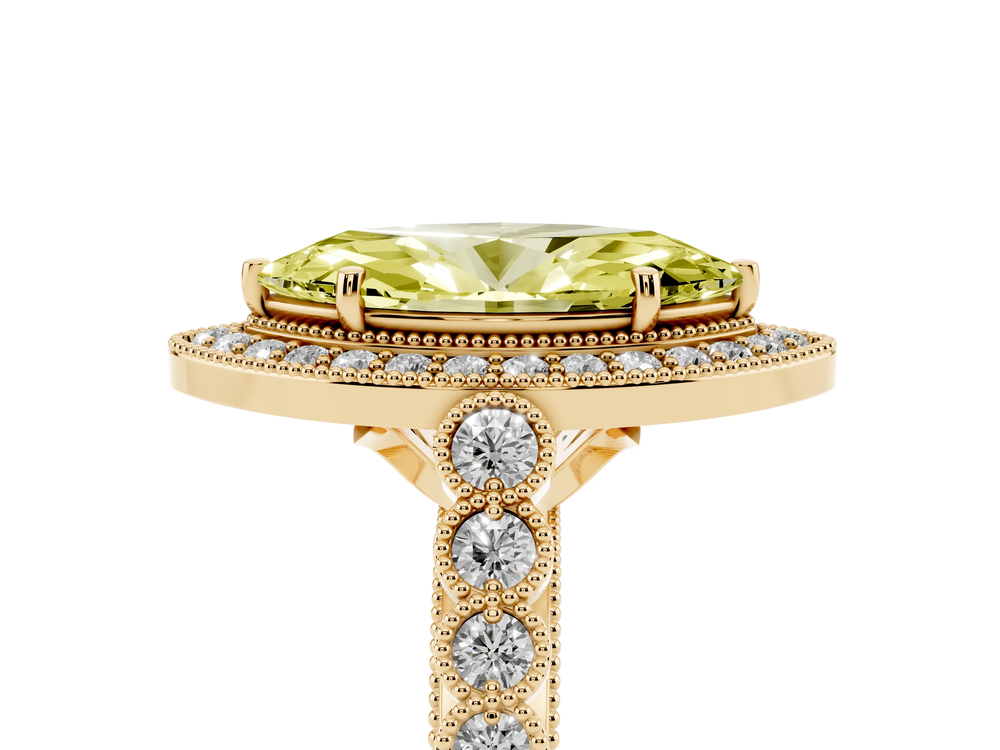 Fancy Yellow Marquise Cut Diamond Milgrain Halo Solitaire Ring Set in Yellow gold with Bezel Set Side Stones and Pavé Band