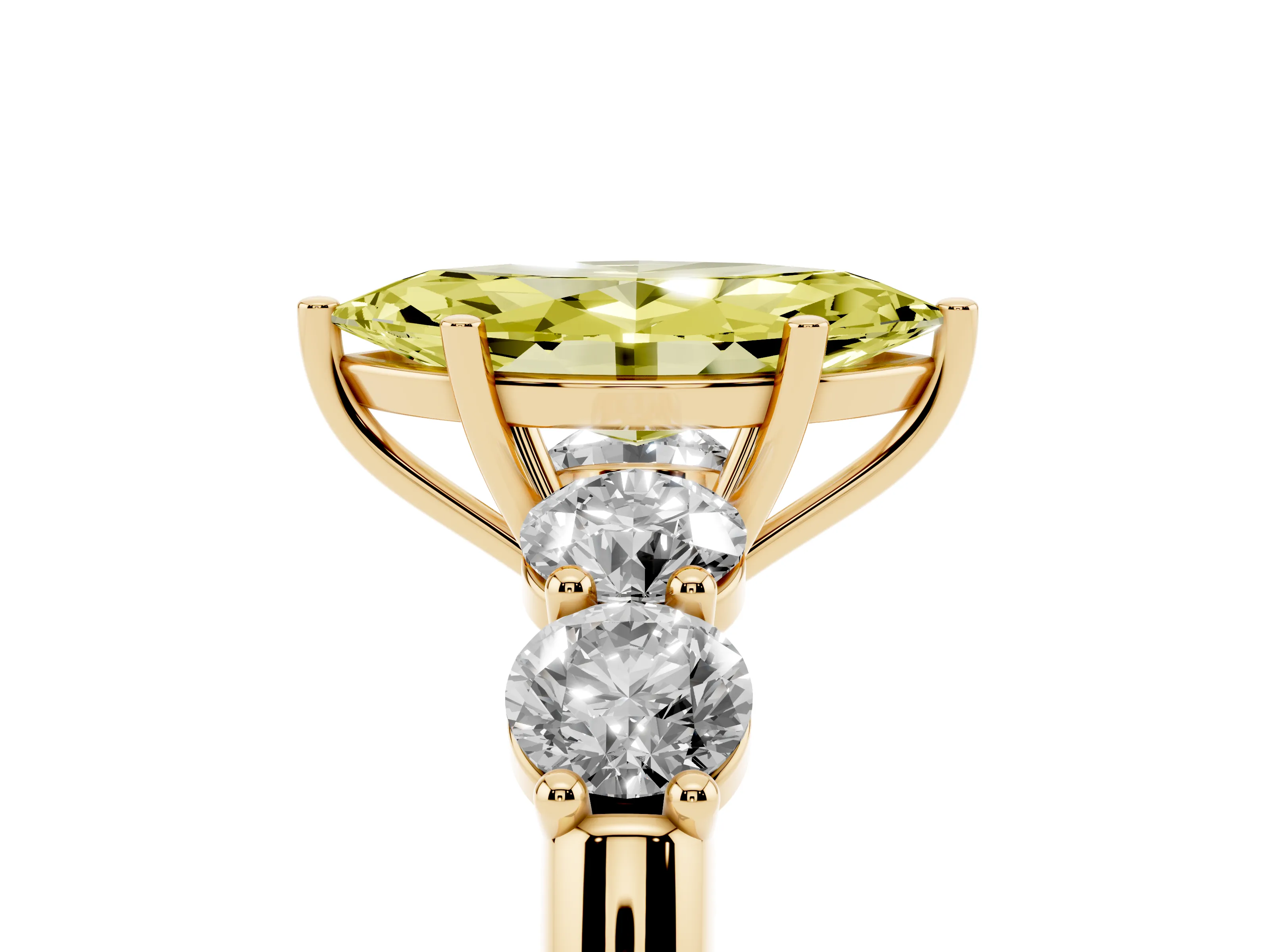 Fancy Yellow Marquise Cut Diamond Five-Stone Prong Set Ring Set in Yellow gold with Classic Band