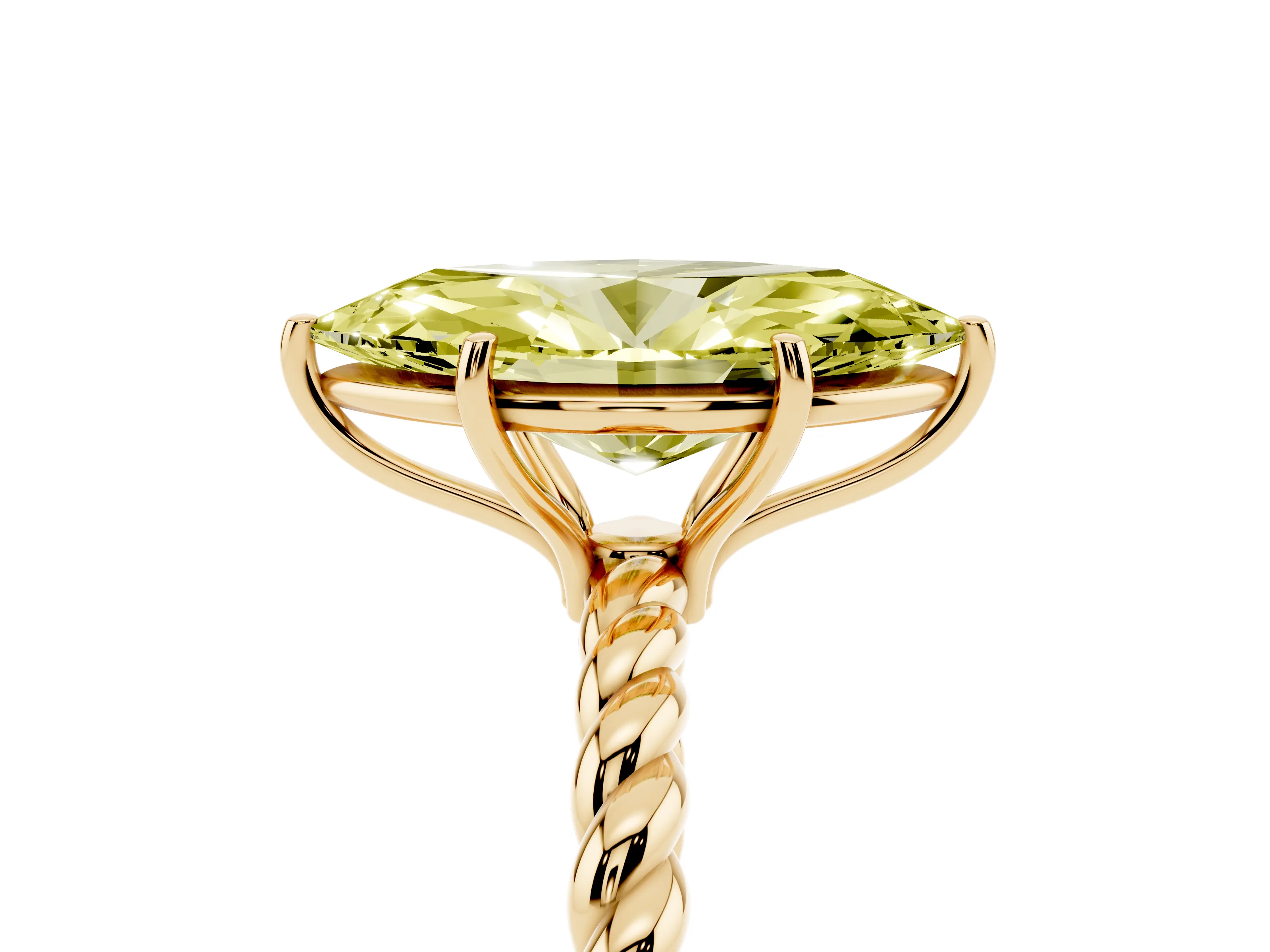Fancy Yellow Marquise Cut Diamond Solitaire Ring Set in Yellow gold with Twist Band and Prong Setting