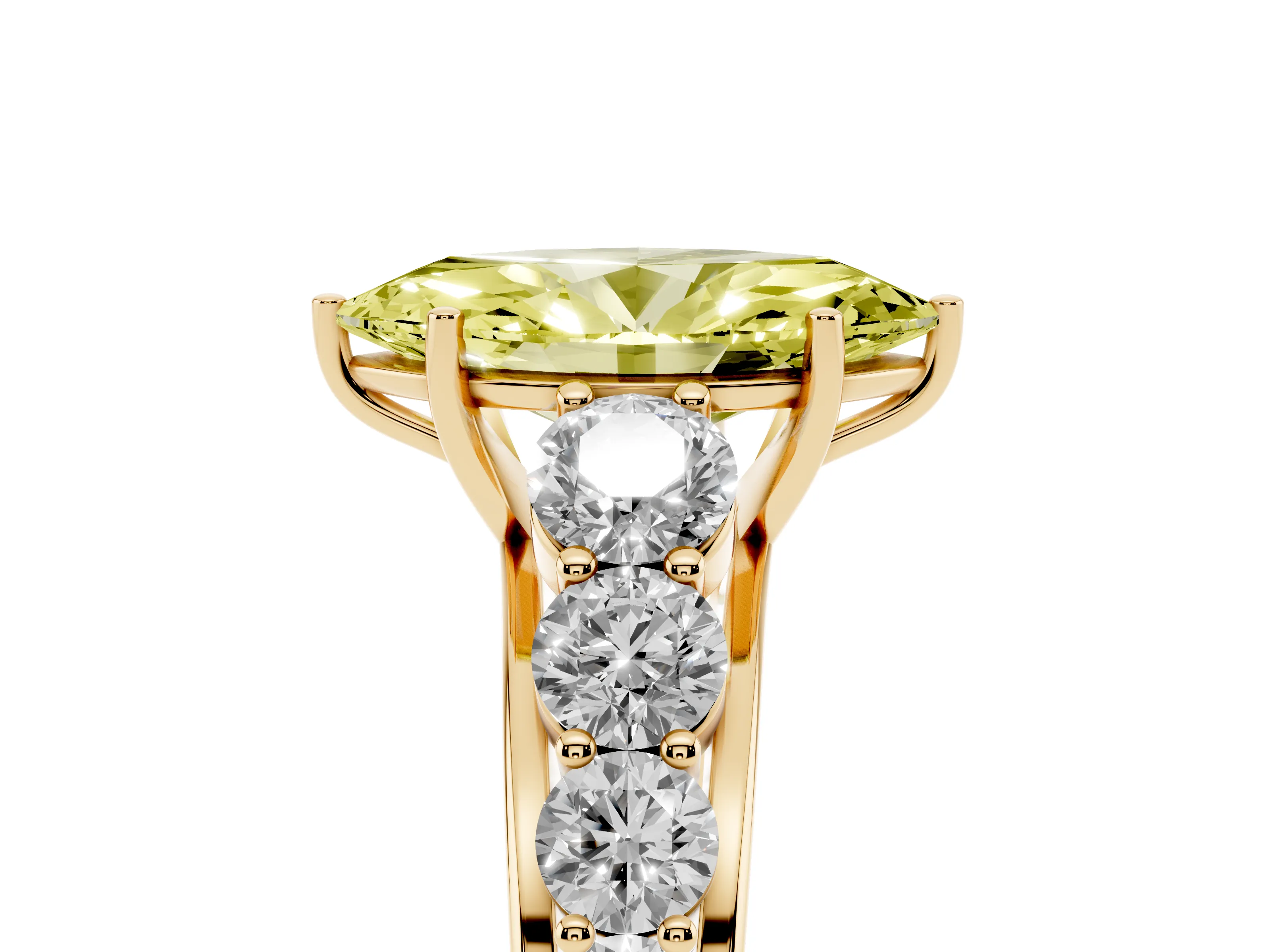 Fancy Yellow Marquise Cut Diamond Solitaire Ring Set in Yellow gold with Pavé-Set Band and Prong Setting