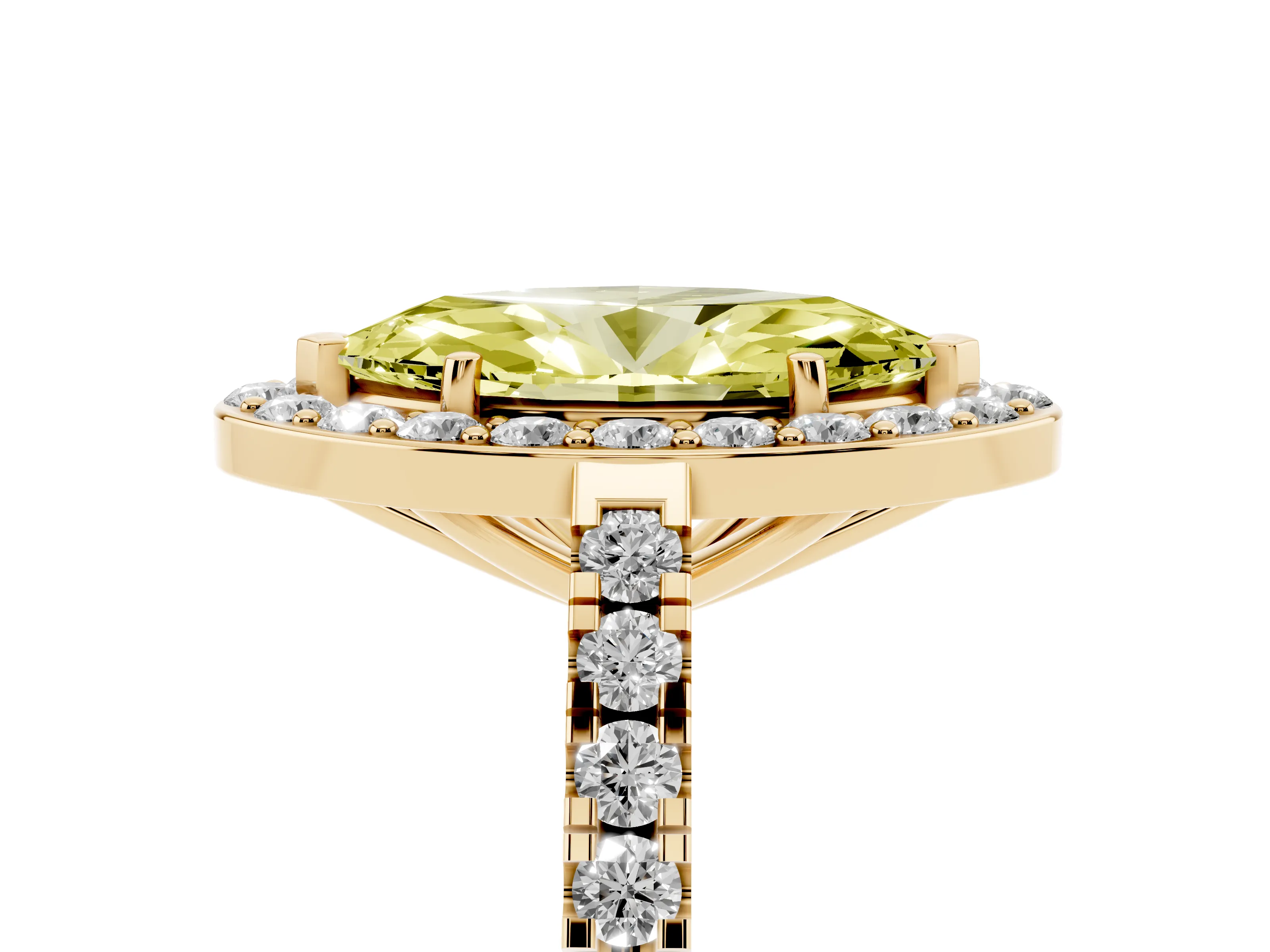 Fancy Yellow Marquise Cut Diamond Halo Ring Set in Yellow gold with Round Pavé Split Shank and Prong Setting