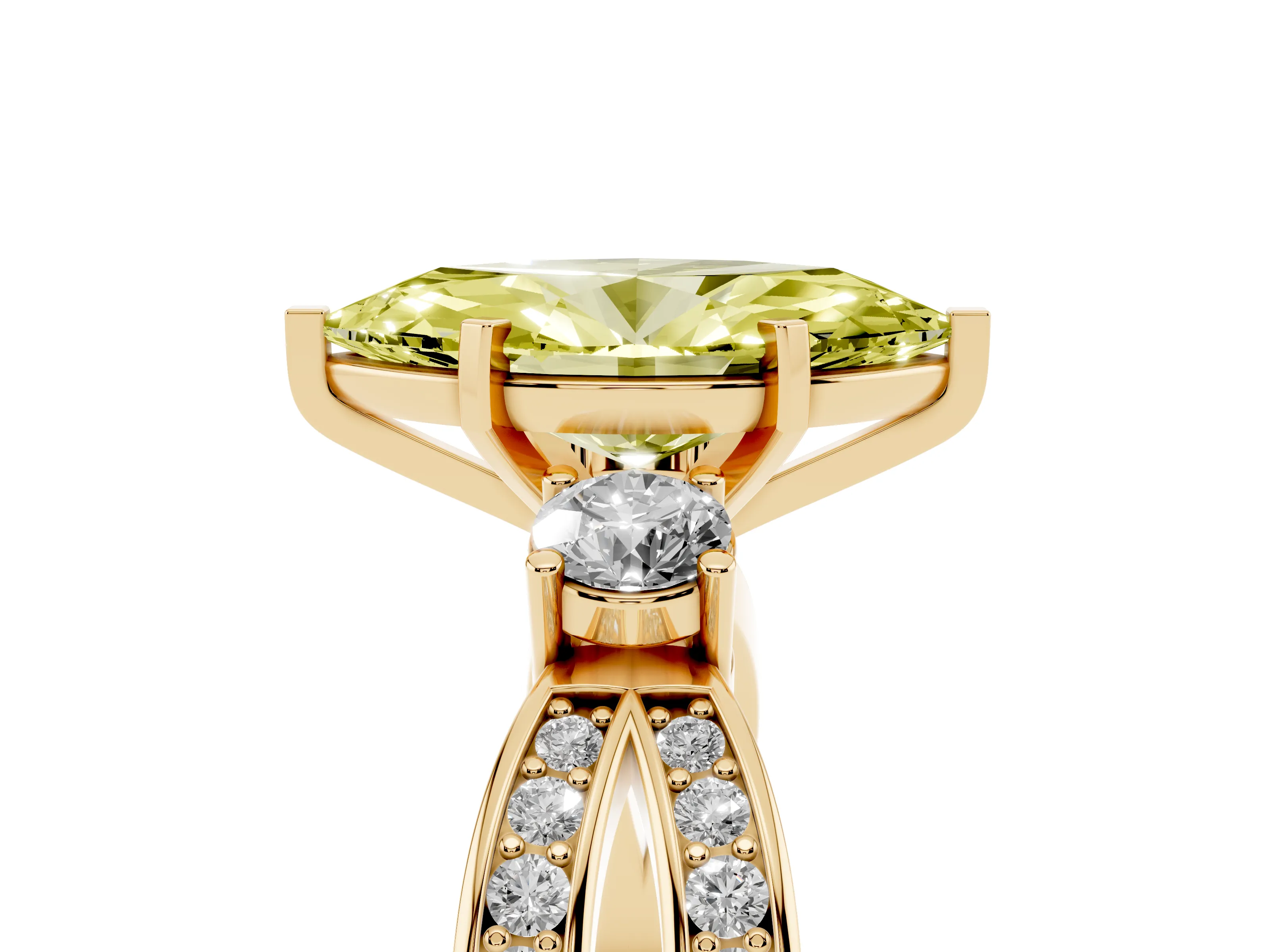 Fancy Yellow Three-Stone Marquise Cut Diamond Twist Band Ring Set in Yellow gold with Pavé Accents and Prong Setting