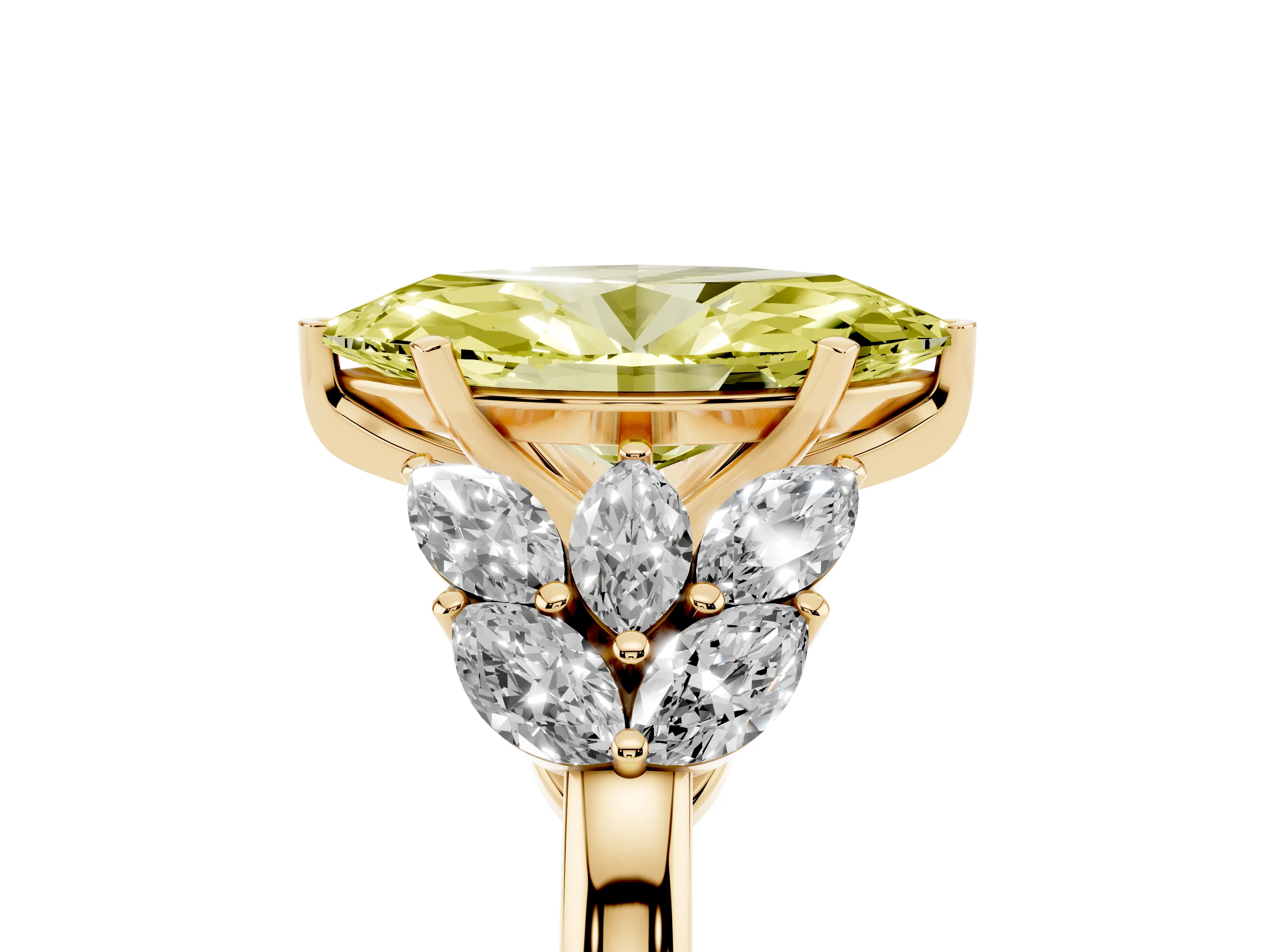Fancy Yellow Marquise Cut Diamond Cluster Leaf Design Ring Set in Yellow gold with Prong Setting