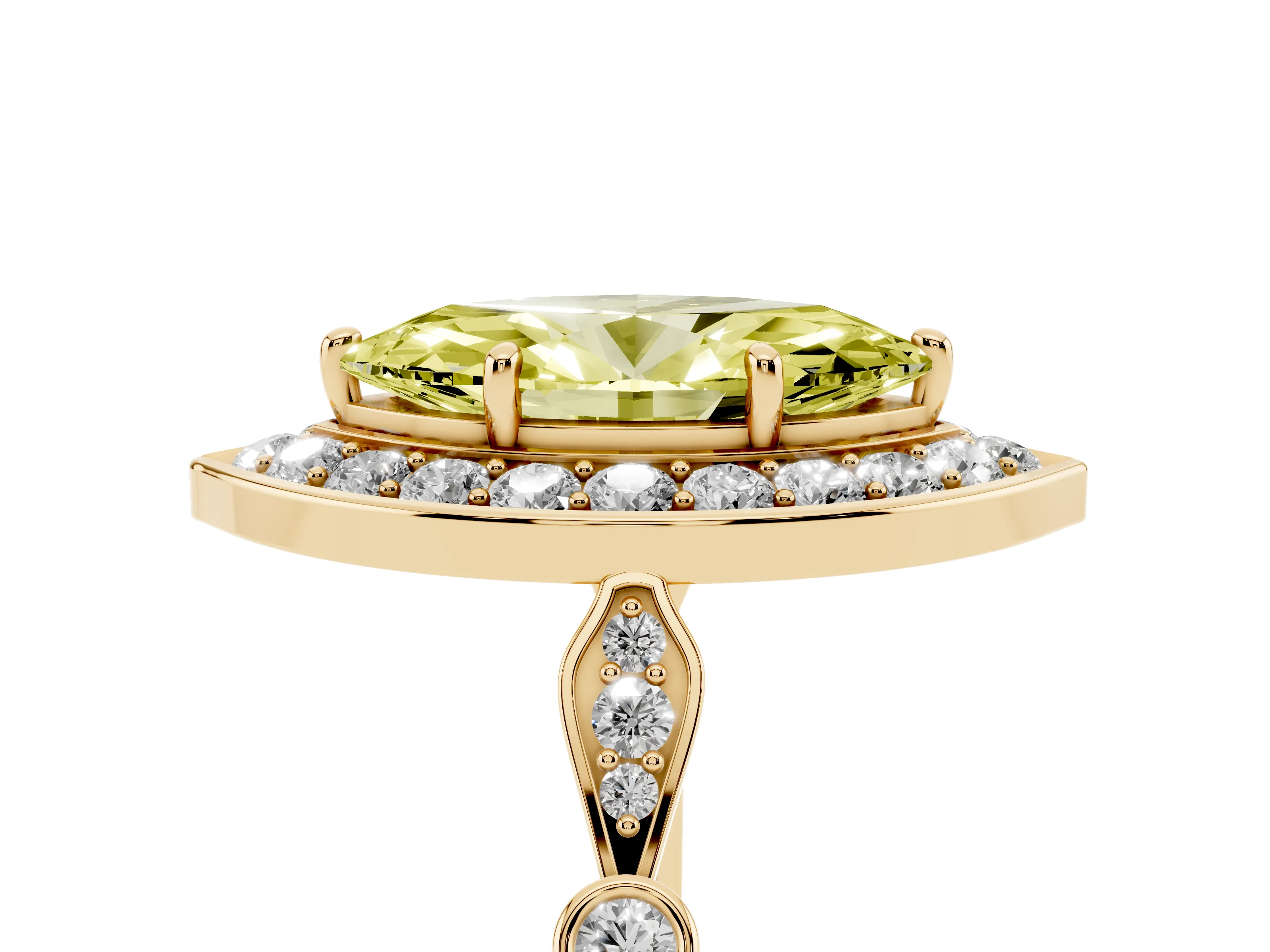 Fancy Yellow Marquise Cut Diamond Halo Engagement Ring Set in Yellow gold with Twisted Band and Prong Setting