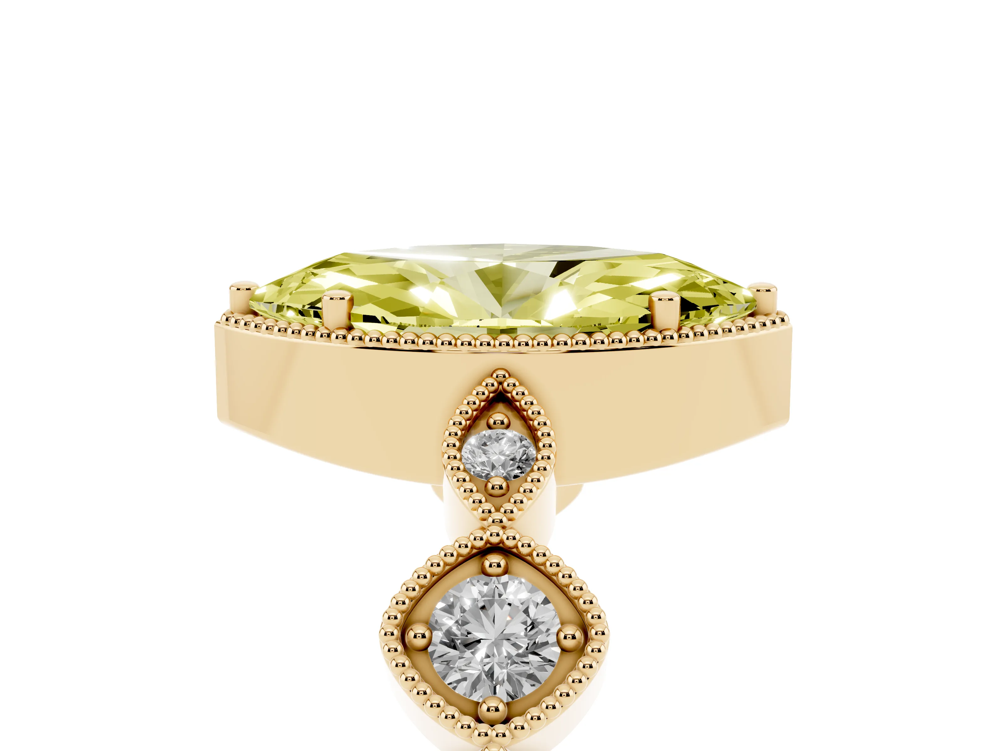 Fancy Yellow Marquise Cut Diamond Vintage-Inspired Milgrain Ring Set in Yellow gold with Marquise Stations of Round Accents
