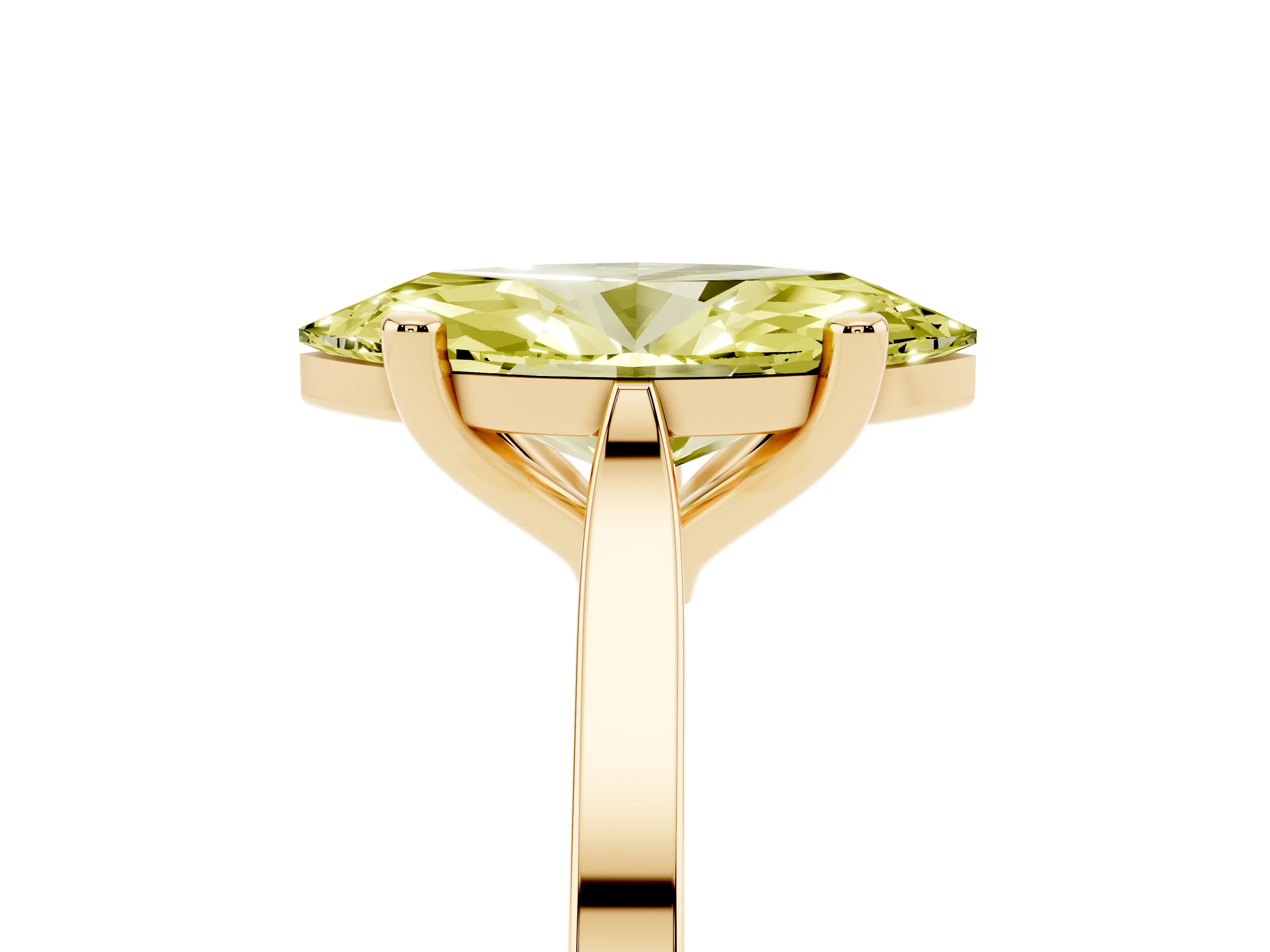 Fancy Yellow Marquise Cut Diamond Solitaire Ring Set in Yellow gold with Prong Setting and Tapered Band