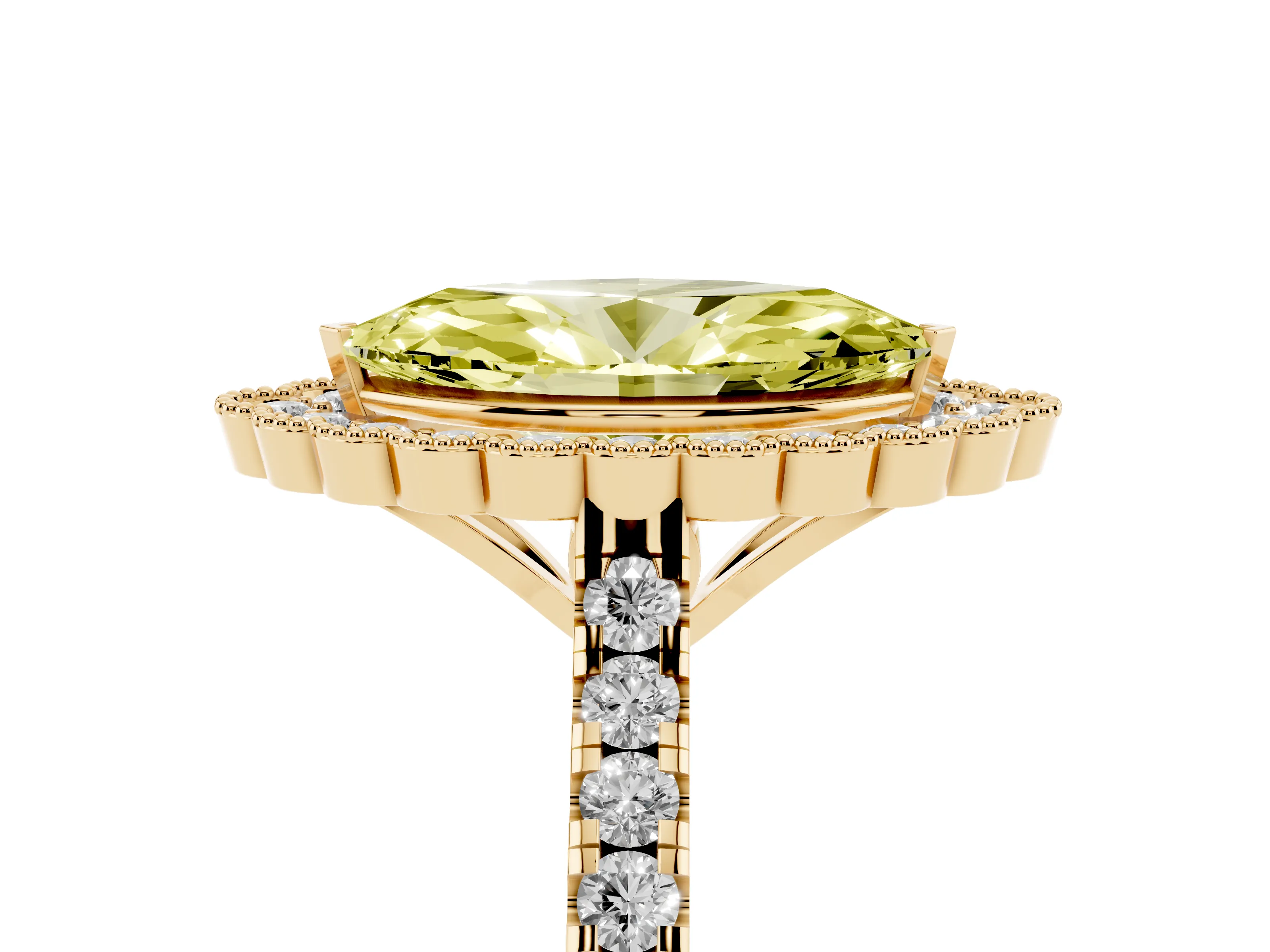 Fancy Yellow Marquise Cut Diamond Milgrain Floral Halo Engagement Ring Set in Yellow gold with Pavé Band