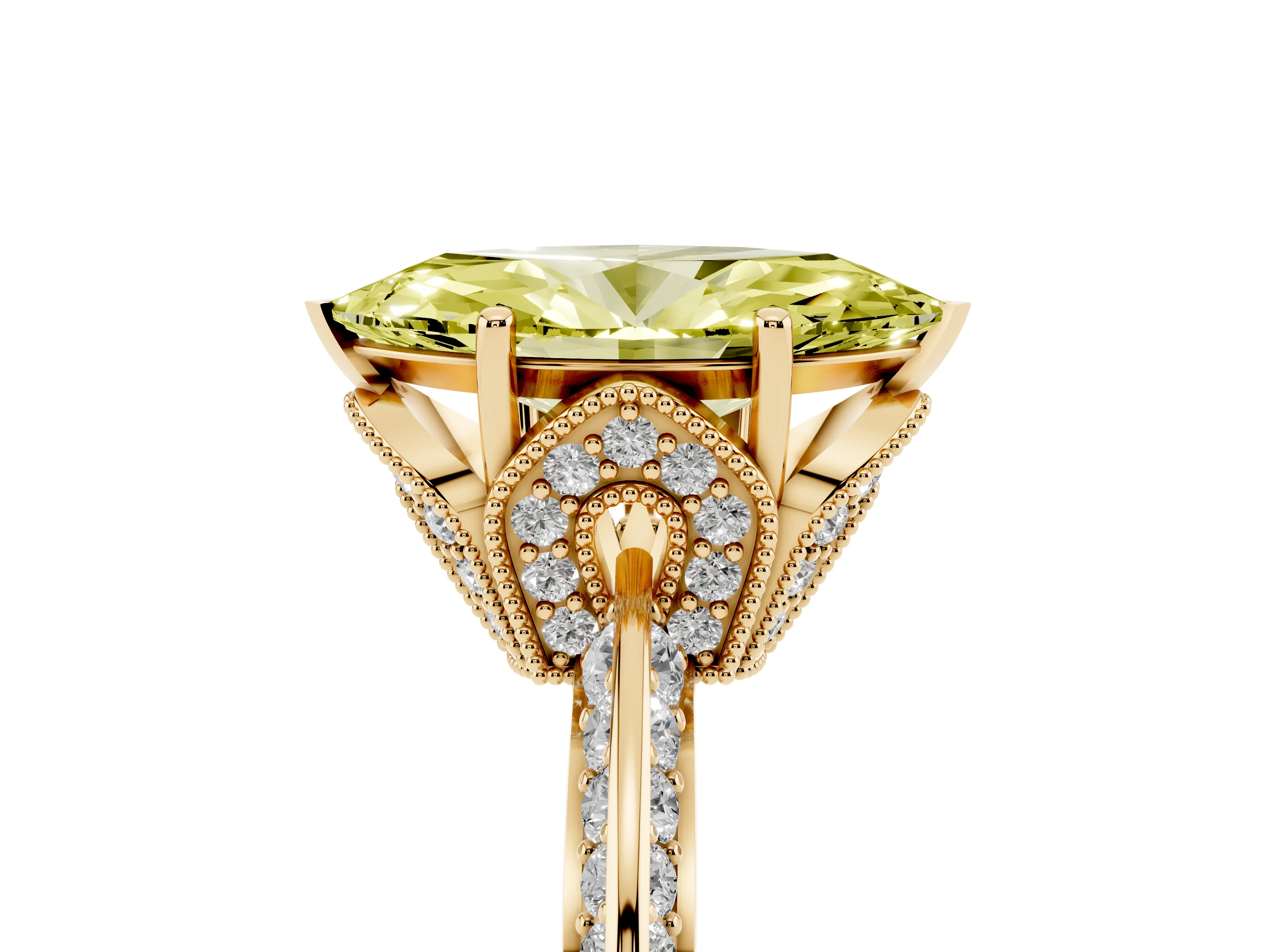 Fancy Yellow Marquise Cut Diamond Solitaire Engagement Ring Set in Yellow gold with Pavé Split Shank and Prong Setting