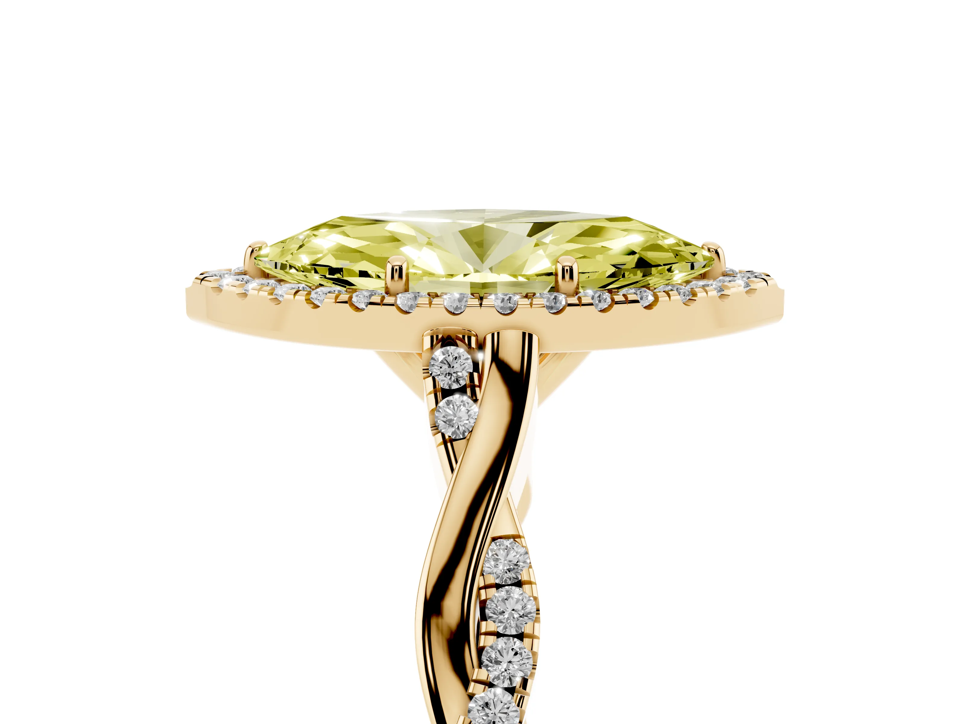 Fancy Yellow Marquise Cut Diamond Halo Twist Band Solitaire Ring Set in Yellow gold with Prong Setting