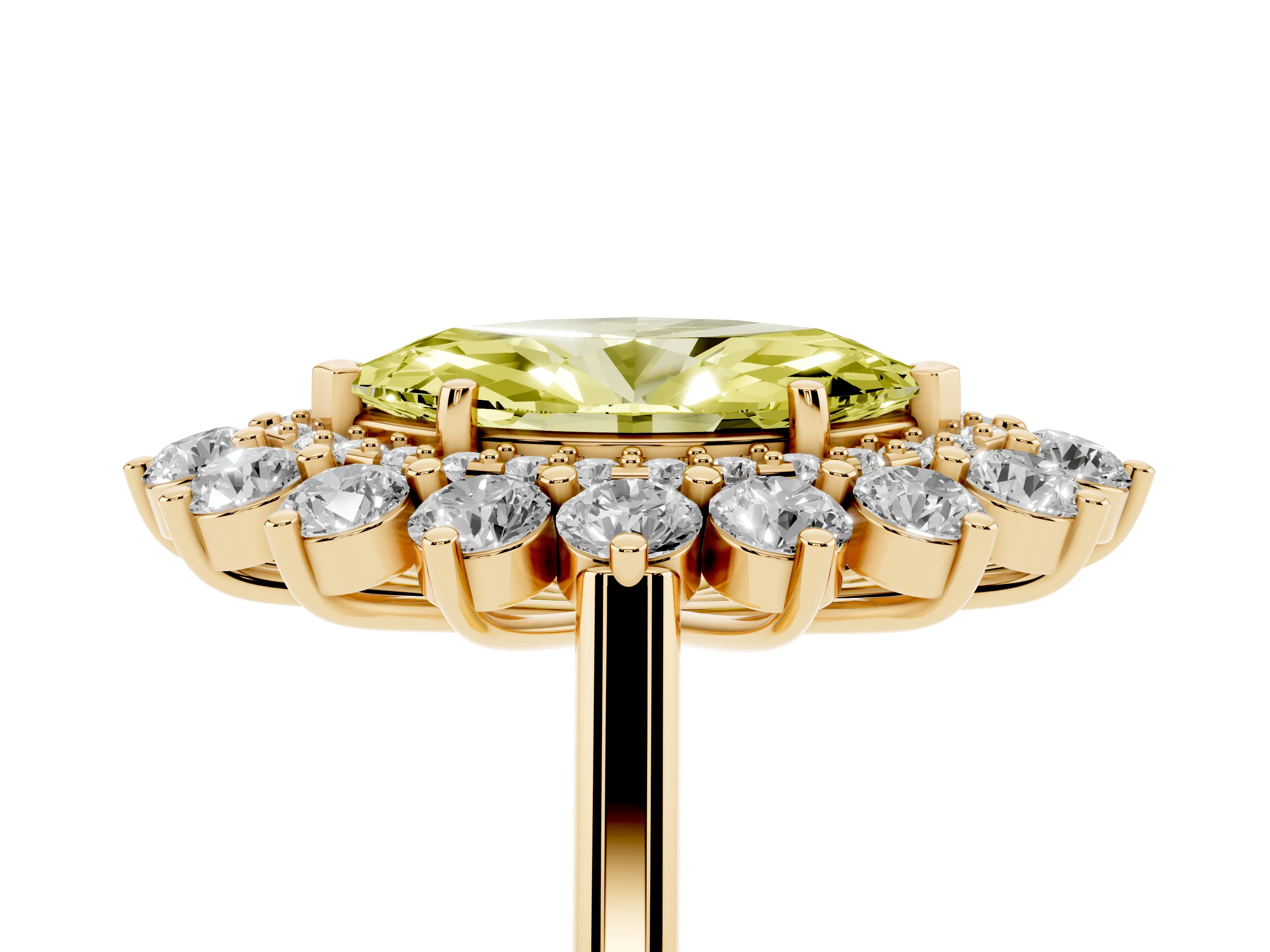 Fancy Yellow Marquise Cut Diamond Floral Double Halo Ring Set in Yellow gold with Round Petals