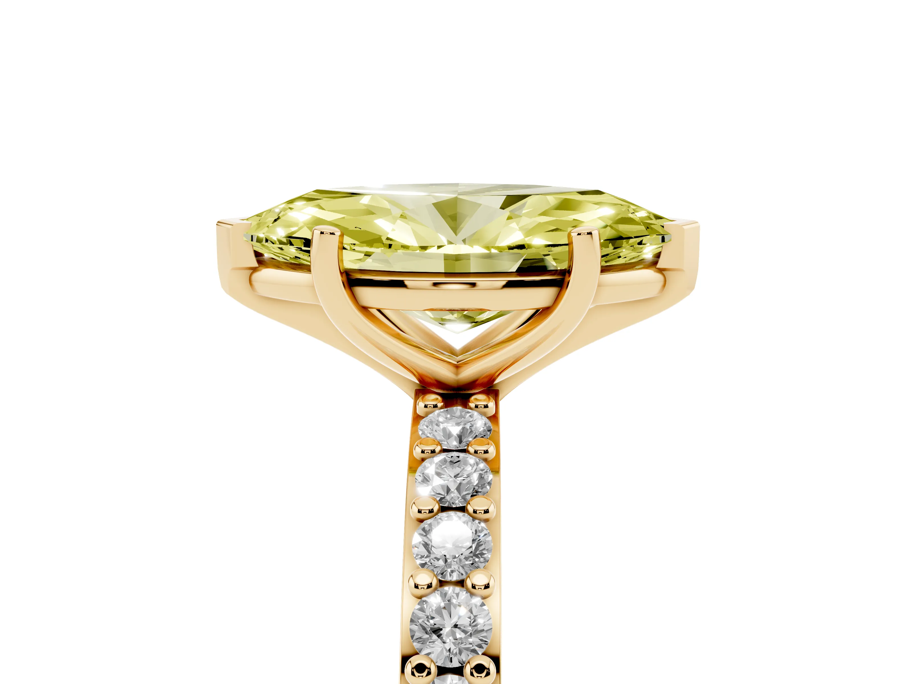 Fancy Yellow Marquise Cut Diamond Solitaire Set in Yellow gold with Round Pavé Band and Prong Setting