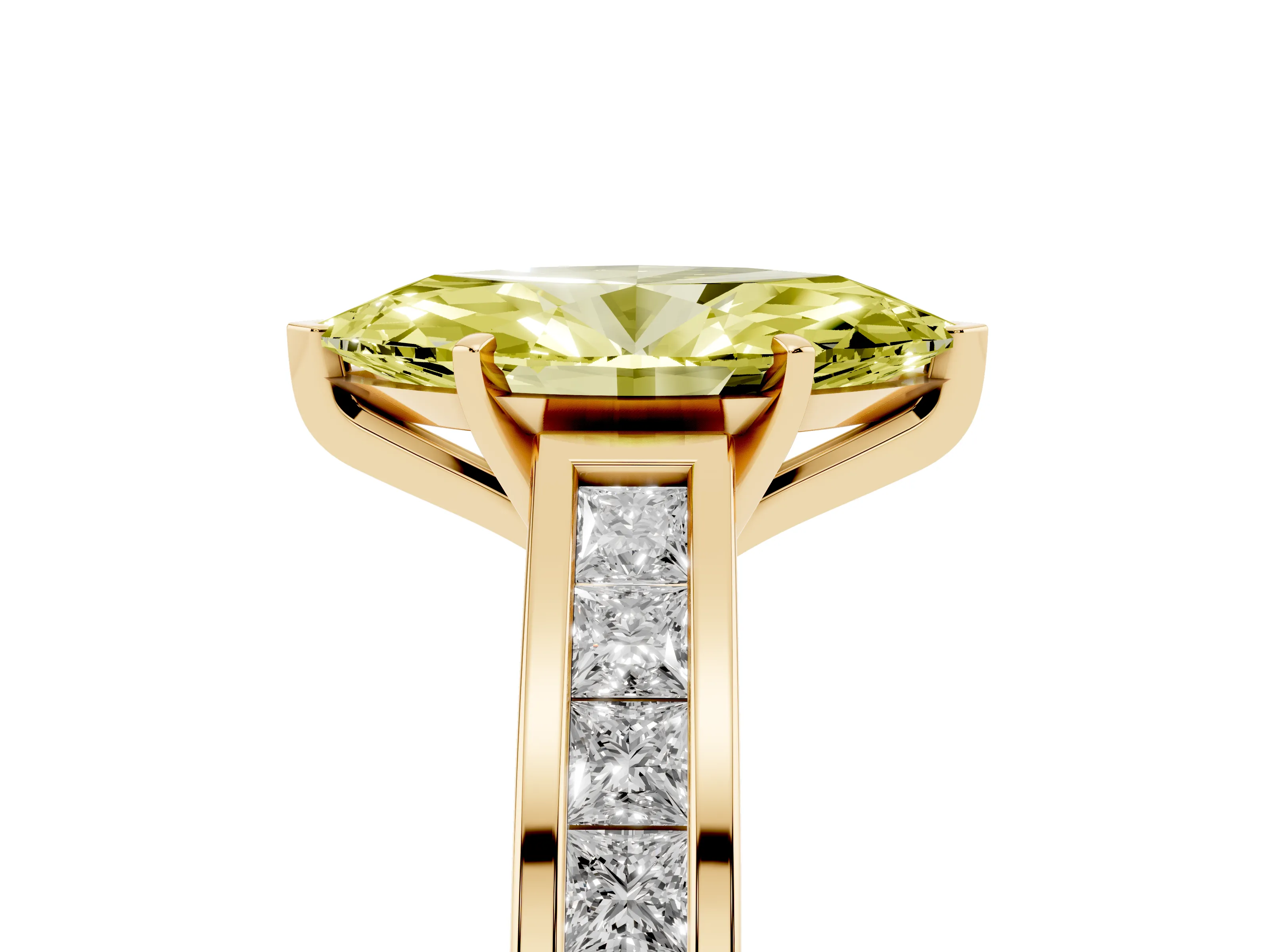Fancy Yellow Marquise Cut Diamond Solitaire Ring Set in Yellow gold with Channel-Set Band and Prong Setting