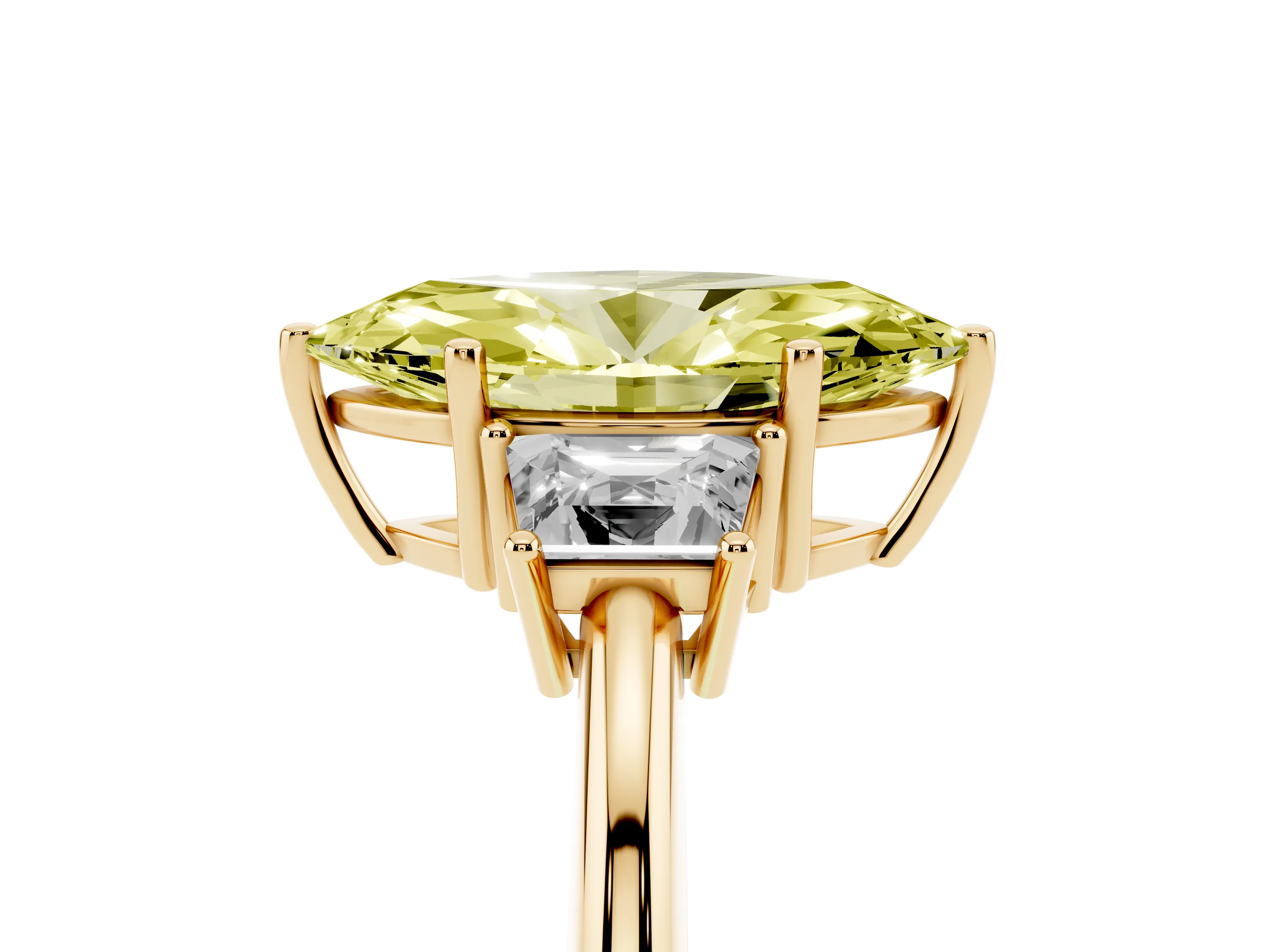 Fancy Yellow Marquise Cut Diamond Three-Stone Ring Set in Yellow gold with Trapezoid Side Stones and Prong Setting
